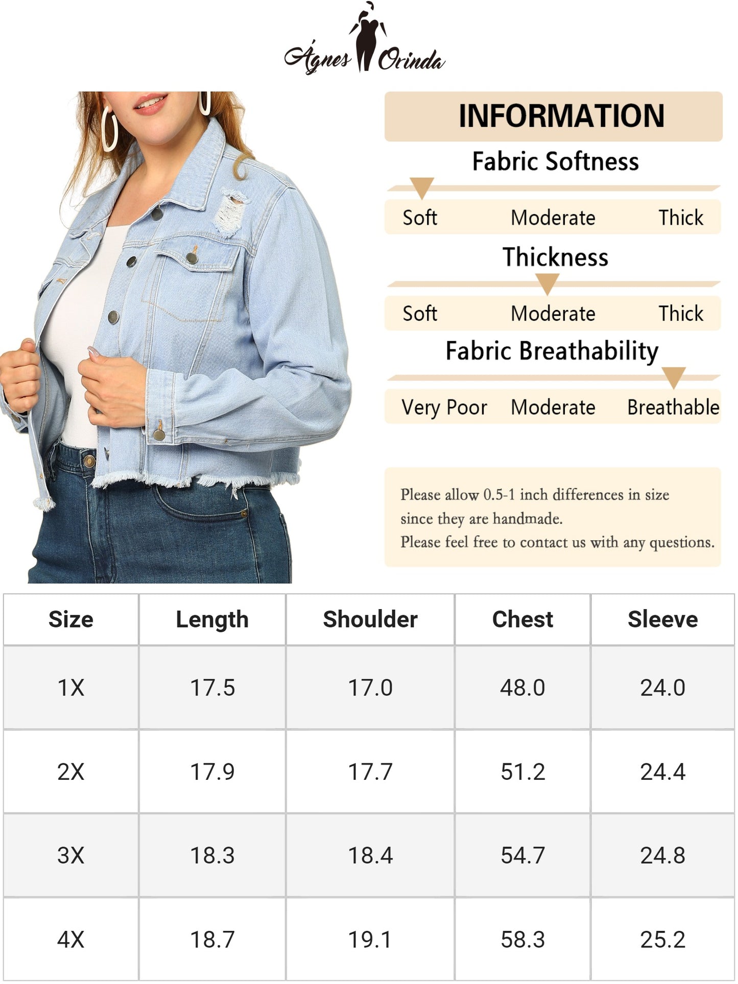 Women's Plus Size Denim Jackets Washed Button Front Long Sleeve Ripped Frayed Crop Denim Jacket