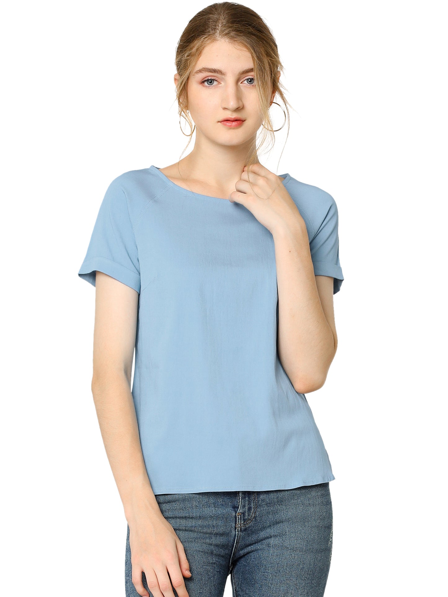 Women's Chambray Side Slit Raglan Short Sleeve Top