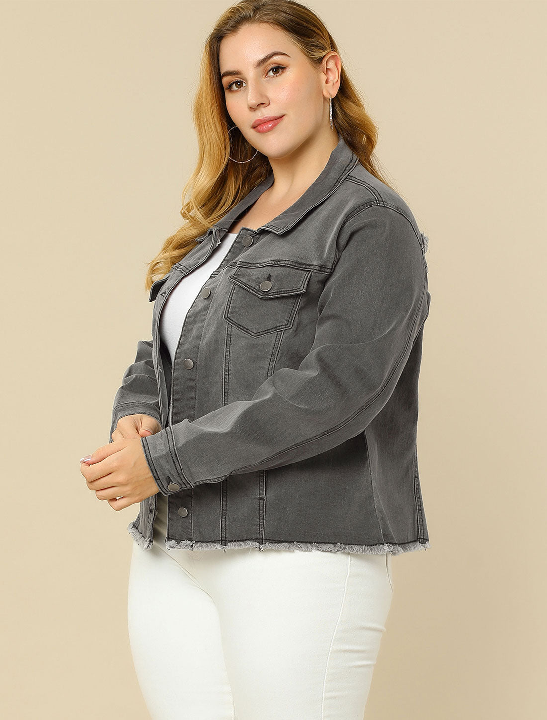 Women's Plus Size Classic Washed Front Frayed Denim Jacket