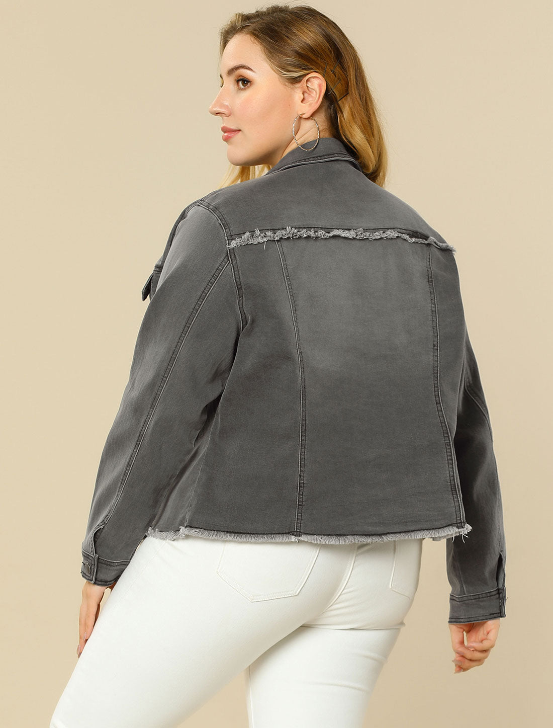 Women's Plus Size Classic Washed Front Frayed Denim Jacket