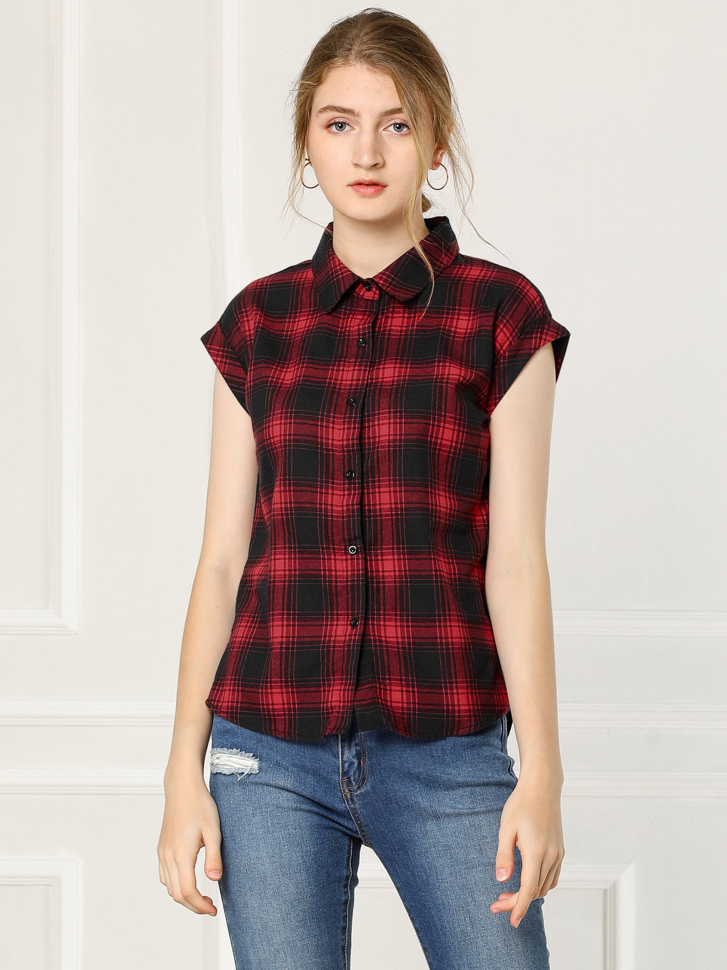 Women's Summer Plaid Cap Sleeves Button Down Shirt