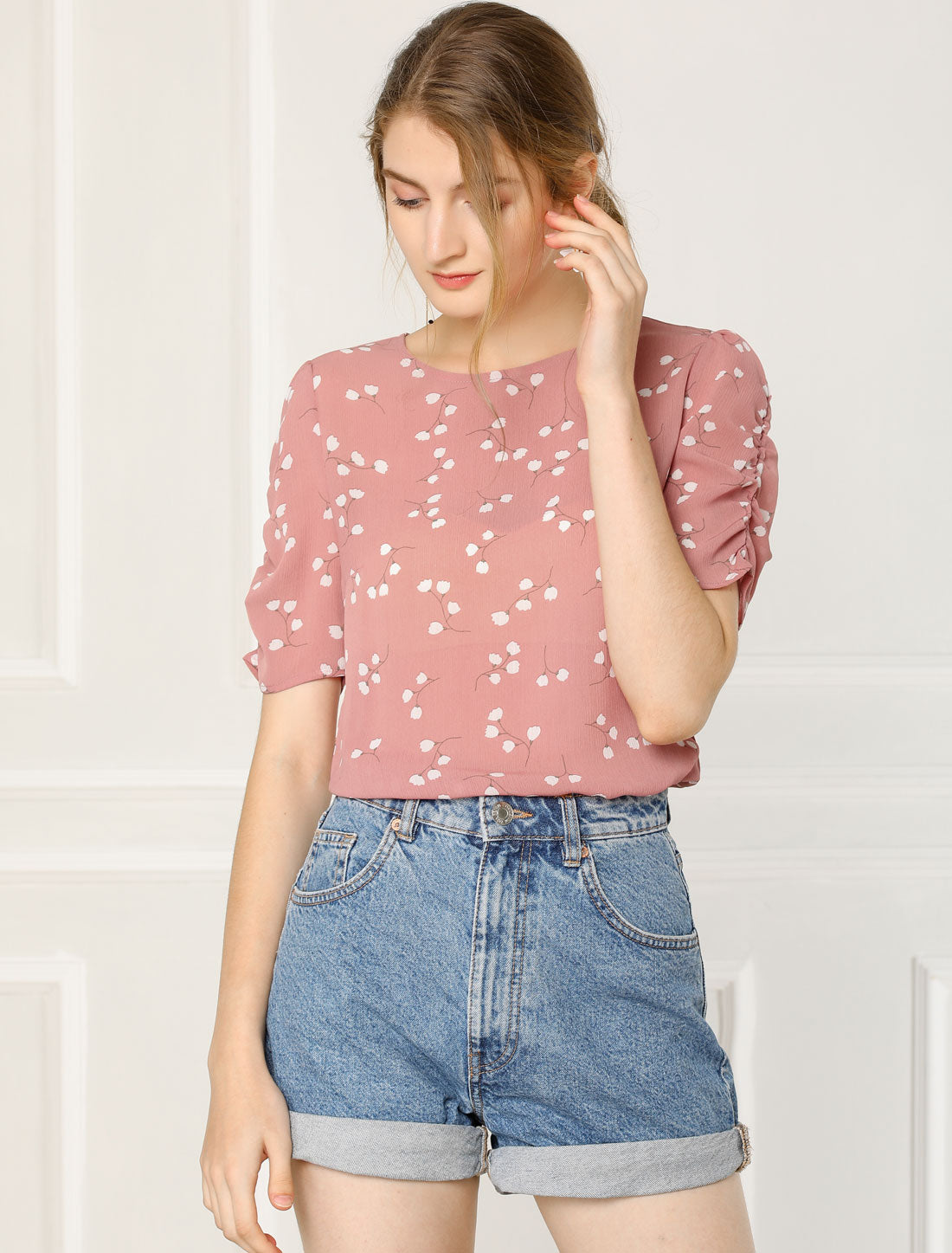 Women's Floral Crew Neck Summer Shirred Short Sleeve Blouse