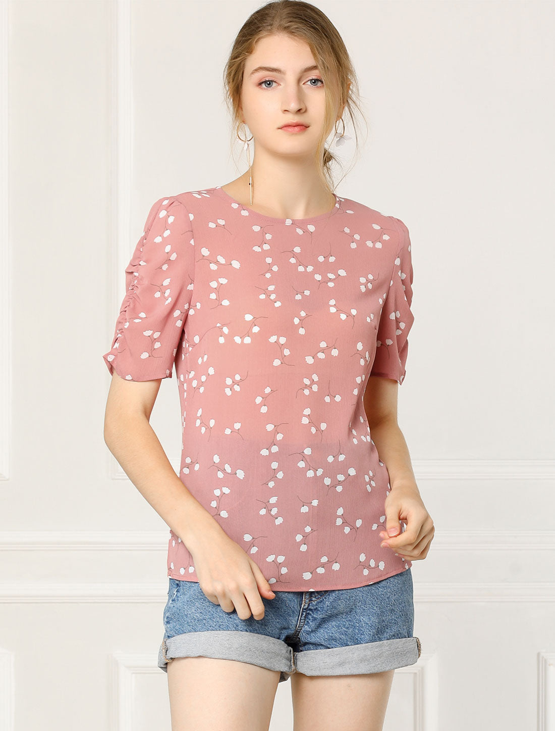 Women's Floral Crew Neck Summer Shirred Short Sleeve Blouse