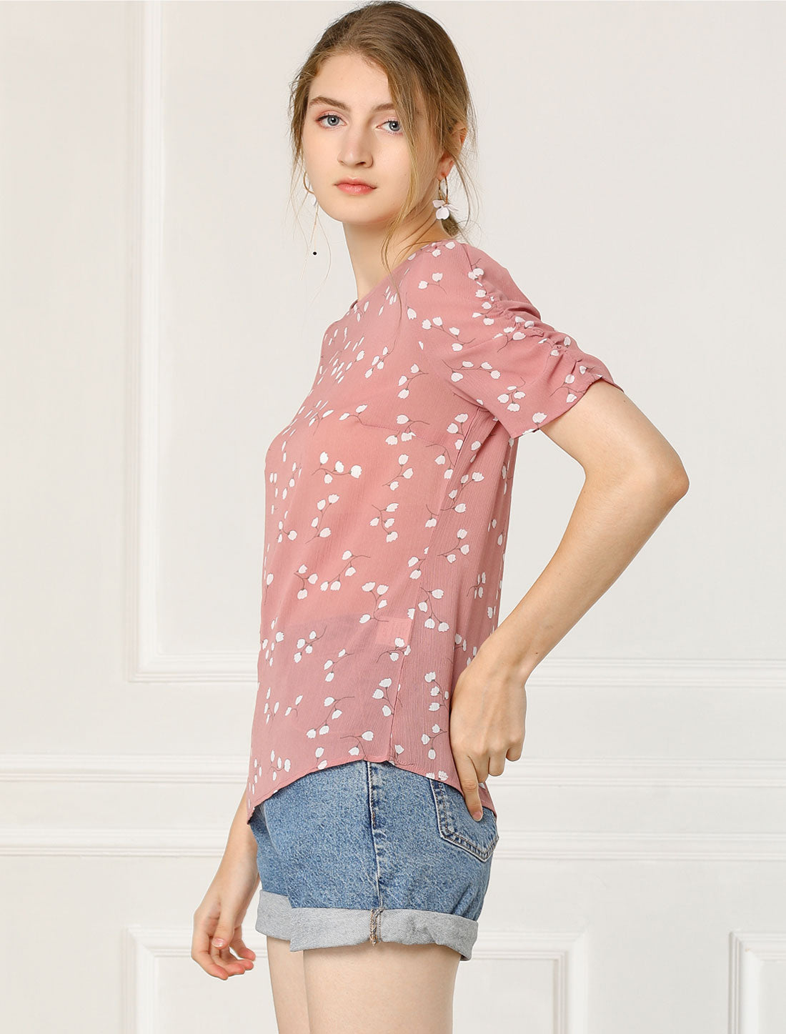 Women's Floral Crew Neck Summer Shirred Short Sleeve Blouse