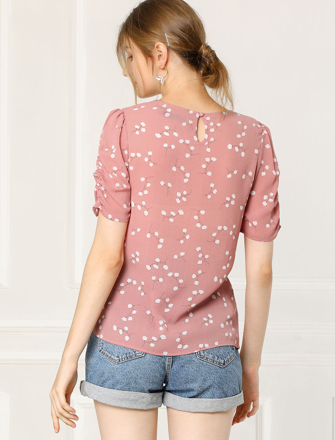 Women's Floral Crew Neck Summer Shirred Short Sleeve Blouse
