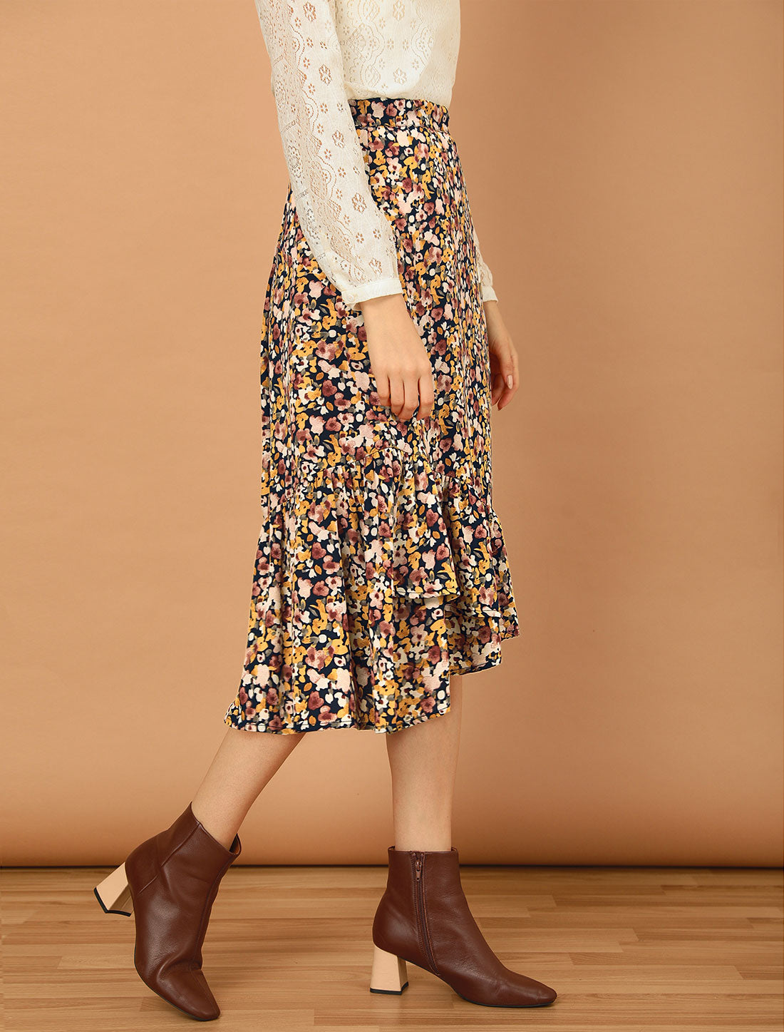 Falda floral de verano para mujer, cintura elástica, dobladillo alto y bajo con volantes, falda midi