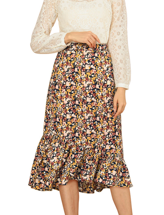 Women's Summer Floral Skirt Elastic Waist High Low Ruffle Hem Midi Skirt