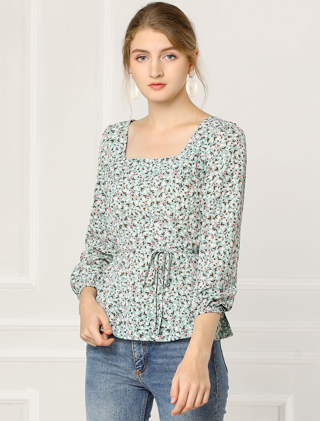 Blusa floral para mujer, cuello cuadrado, cintura con cinturón, top peplum