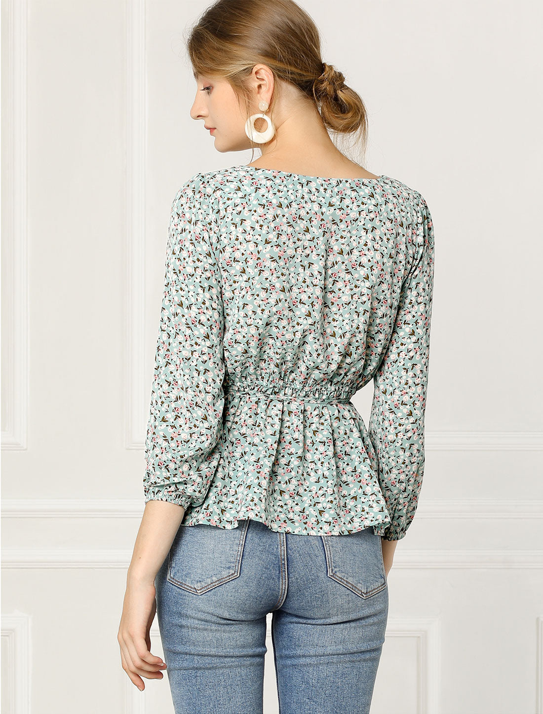 Blusa floral para mujer, cuello cuadrado, cintura con cinturón, top peplum