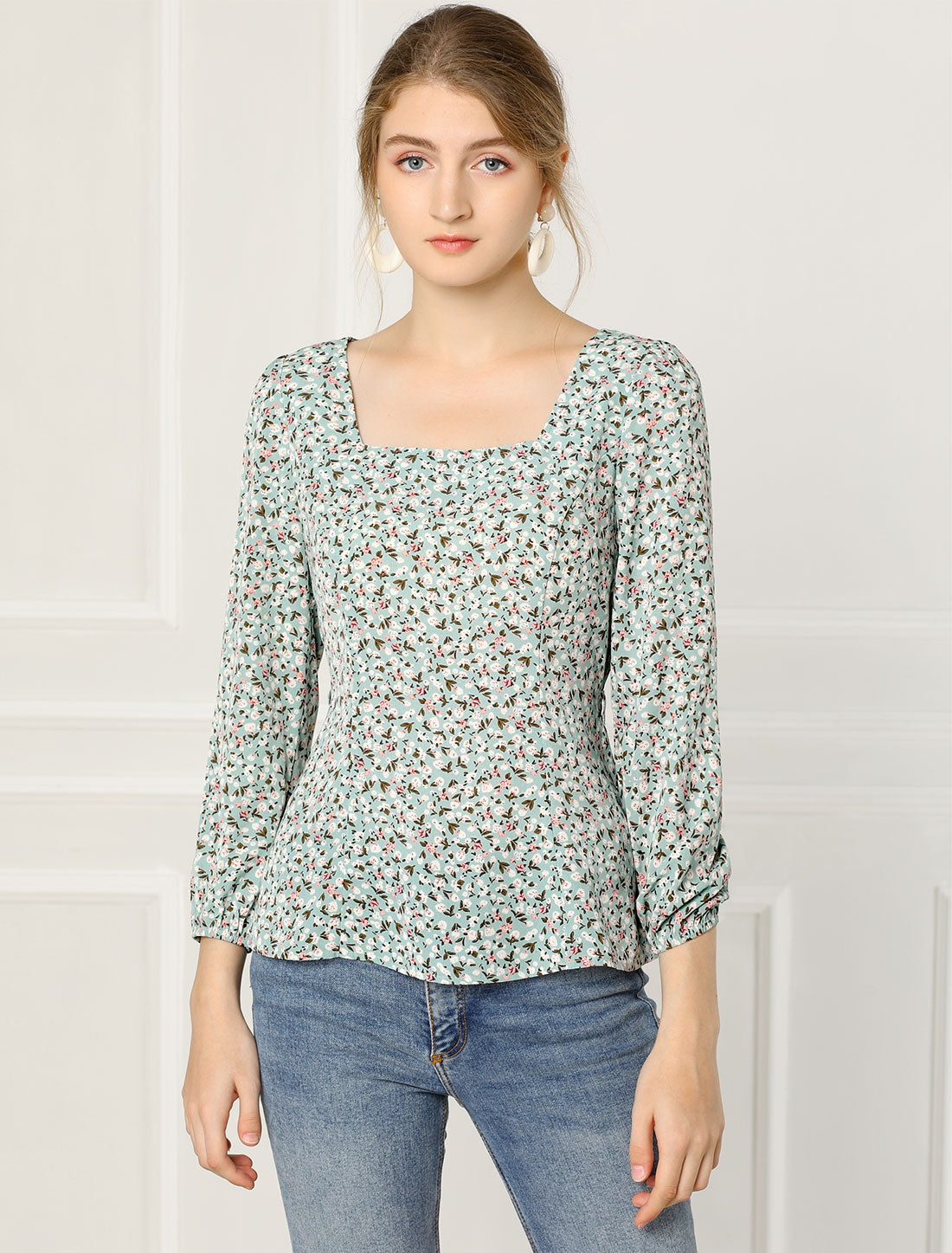 Blusa floral para mujer, cuello cuadrado, cintura con cinturón, top peplum