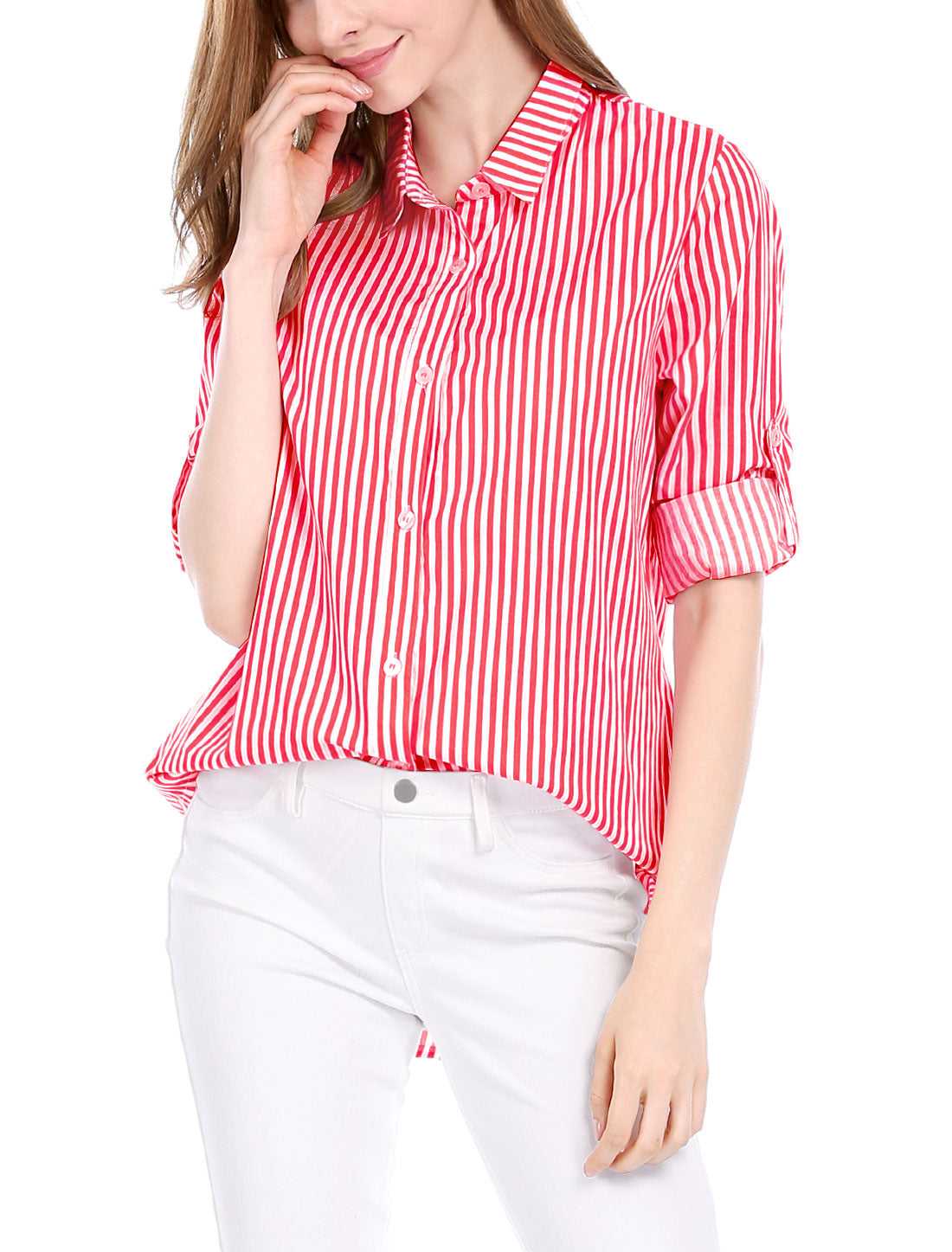 Women's Striped Button Down Roll-Up Long Sleeves Point Collar Shirt (Available in Plus Size)