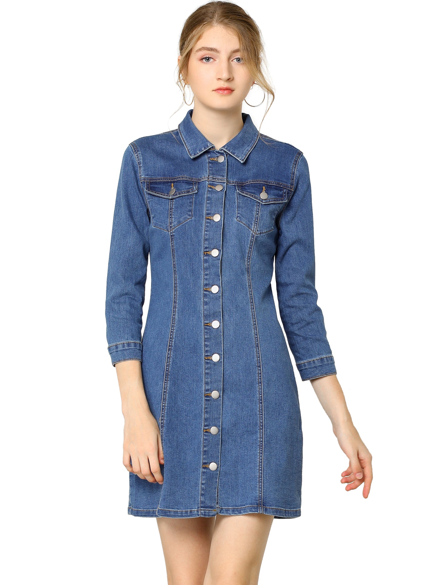 Women's 3/4 Sleeve Button Down Denim Shirt Dress