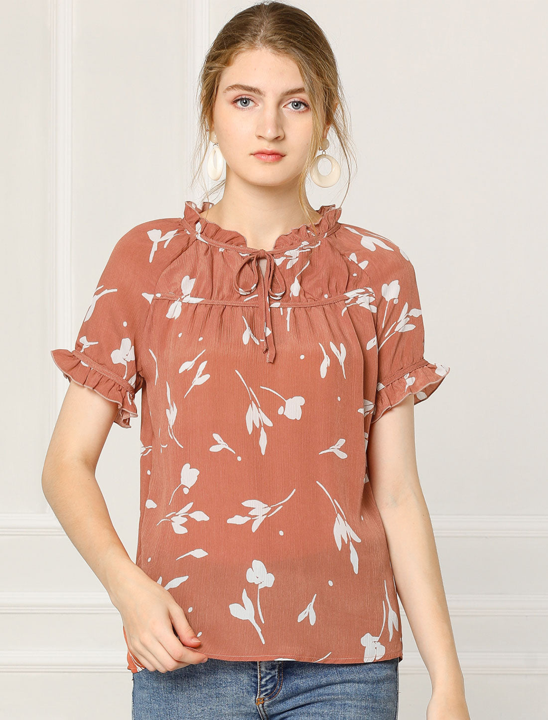 Women's Floral Tie Neck Ruffle Short Sleeves Peasant Blouse