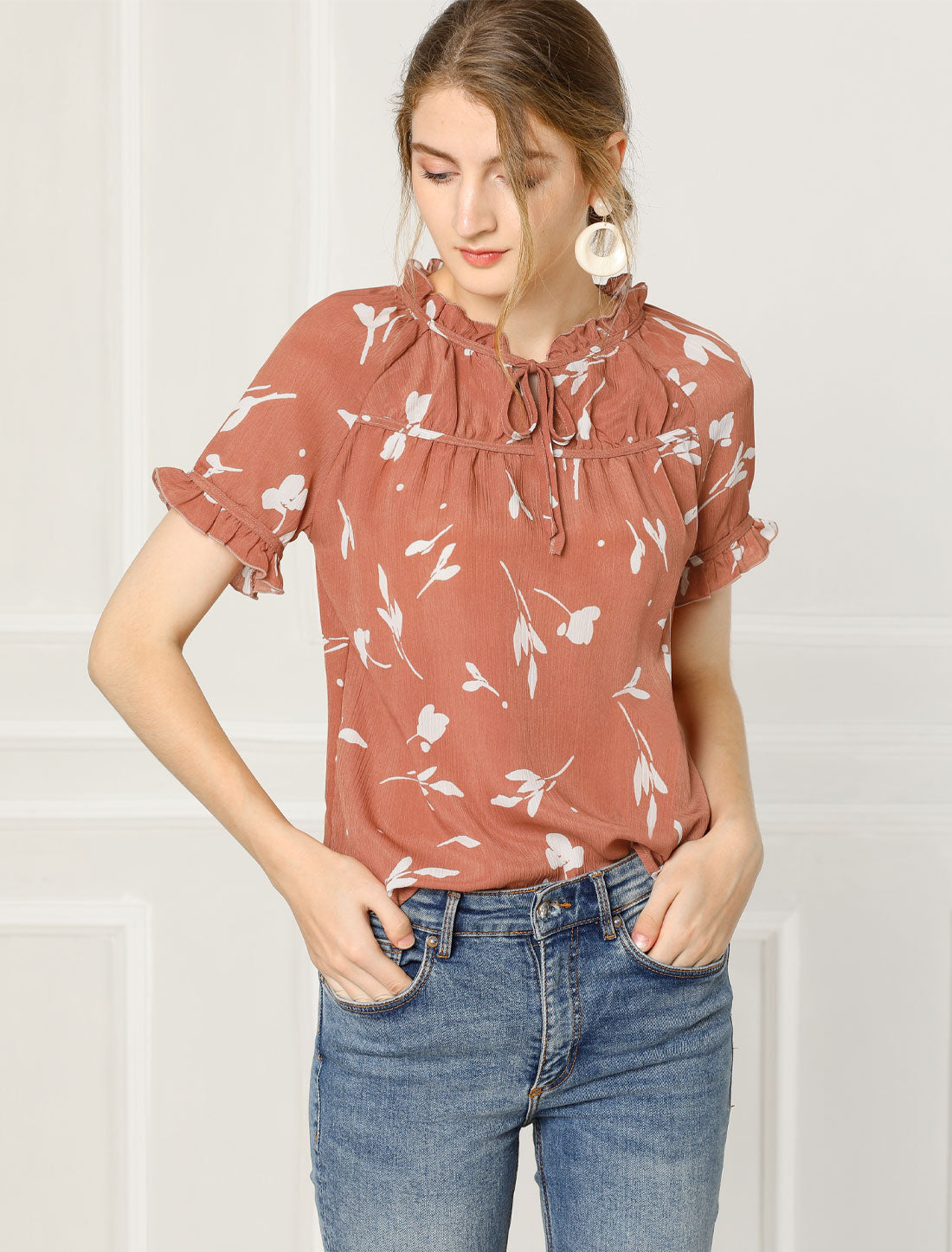 Women's Floral Tie Neck Ruffle Short Sleeves Peasant Blouse