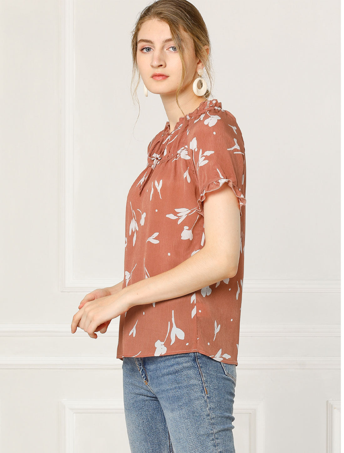 Women's Floral Tie Neck Ruffle Short Sleeves Peasant Blouse