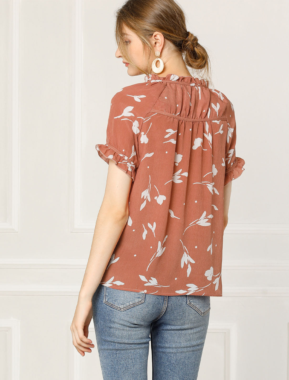 Women's Floral Tie Neck Ruffle Short Sleeves Peasant Blouse