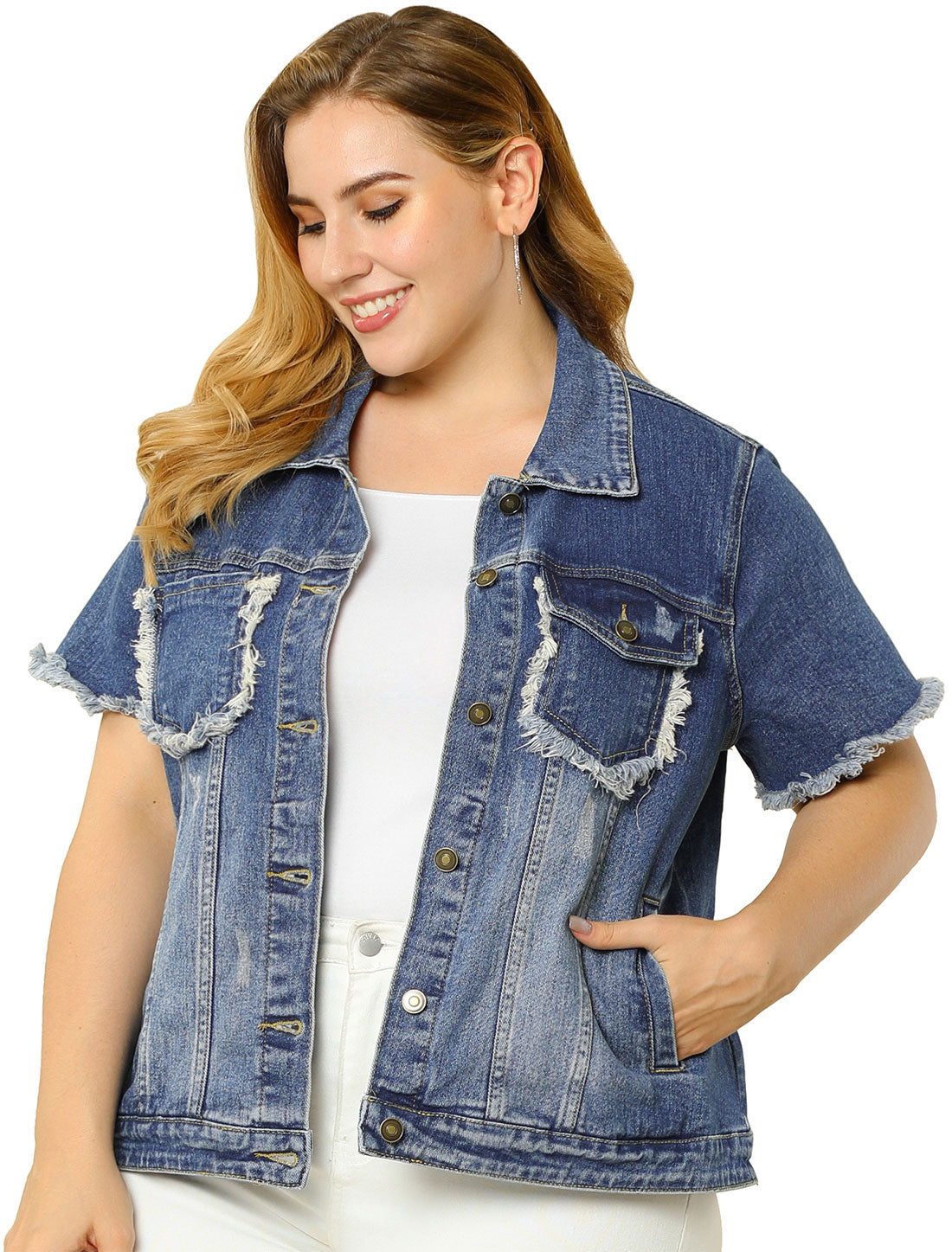 Women's Plus Size Summer Denim Jackets Button Washed Frayed Jean Short Denim Jacket