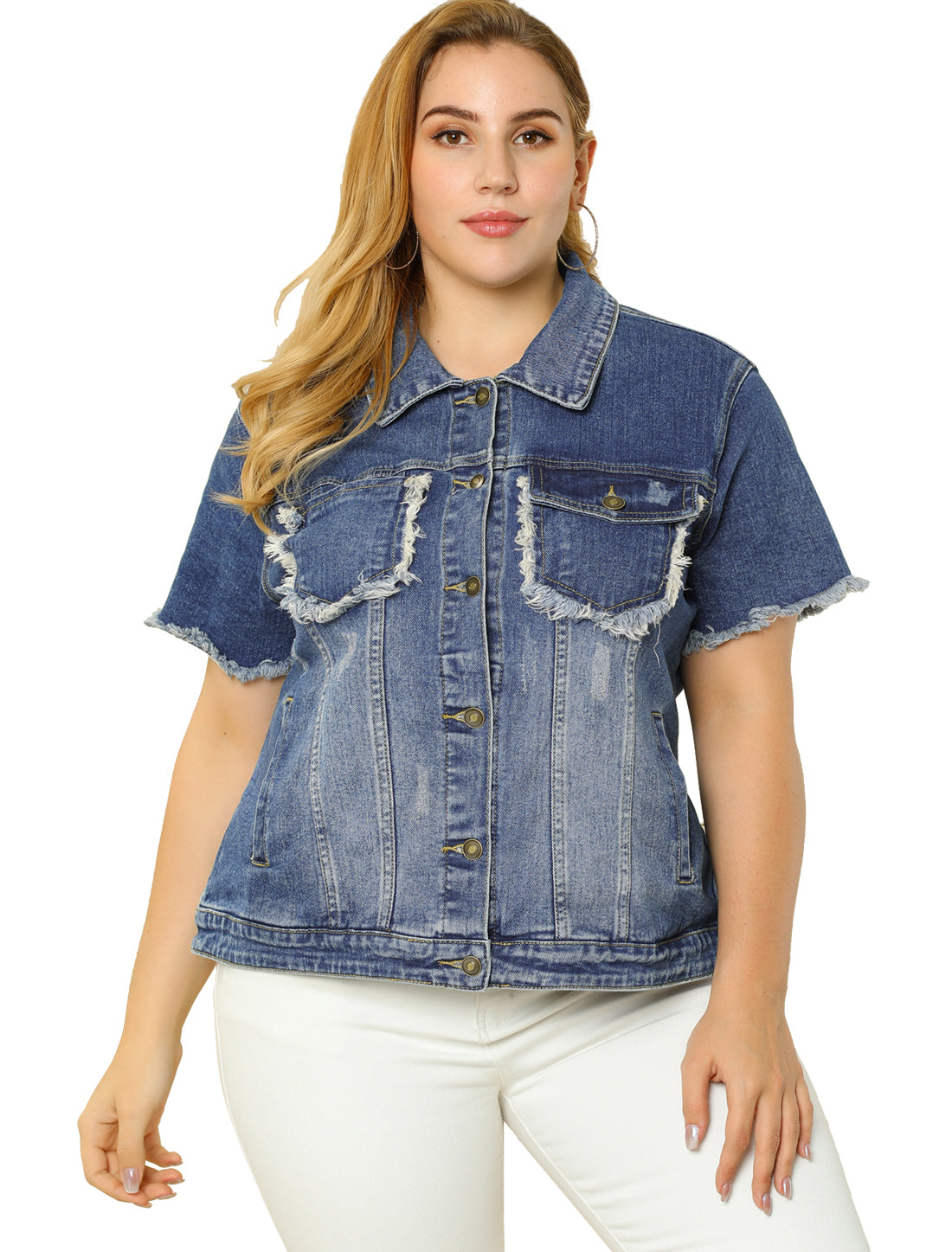 Women's Plus Size Summer Denim Jackets Button Washed Frayed Jean Short Denim Jacket