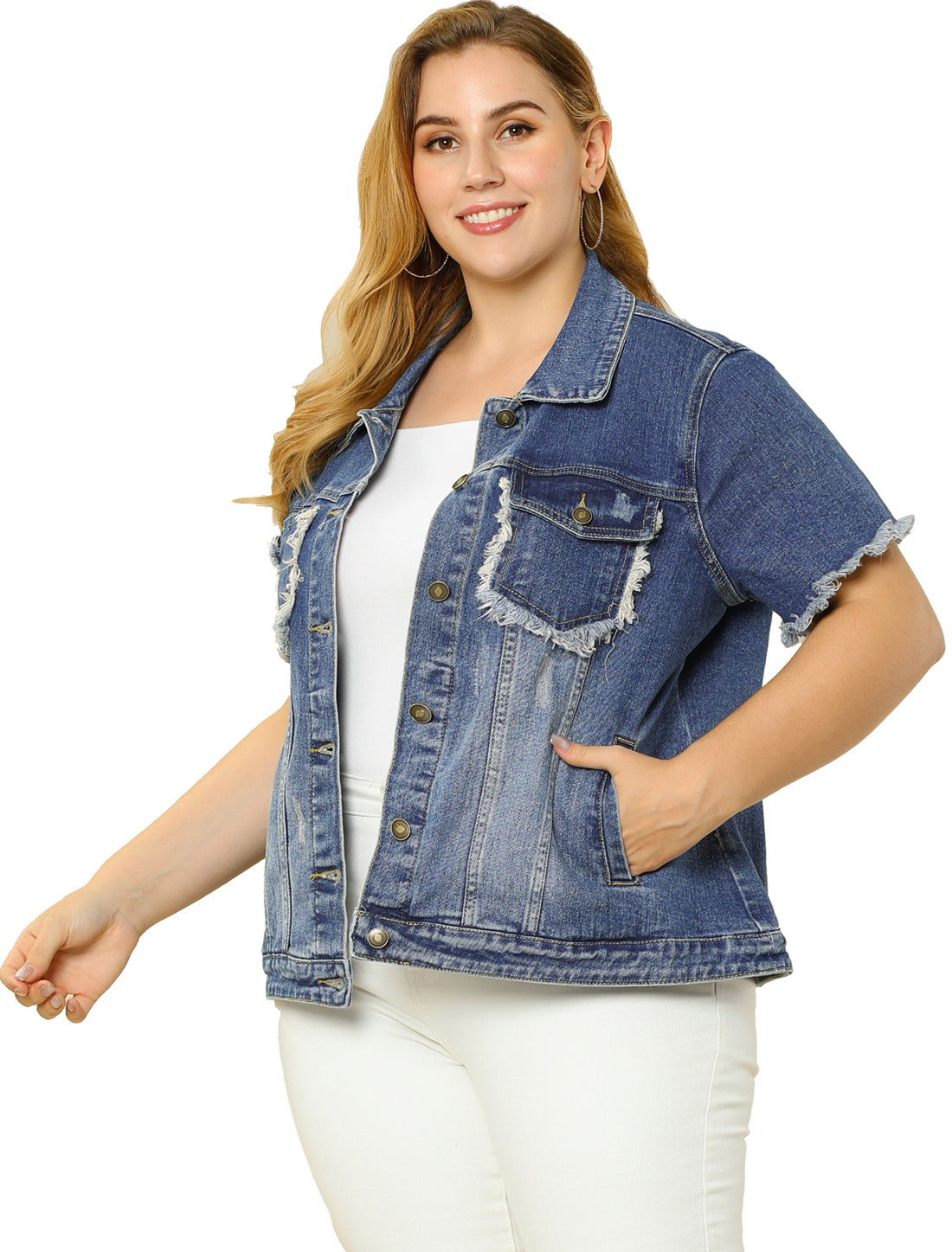 Women's Plus Size Summer Denim Jackets Button Washed Frayed Jean Short Denim Jacket