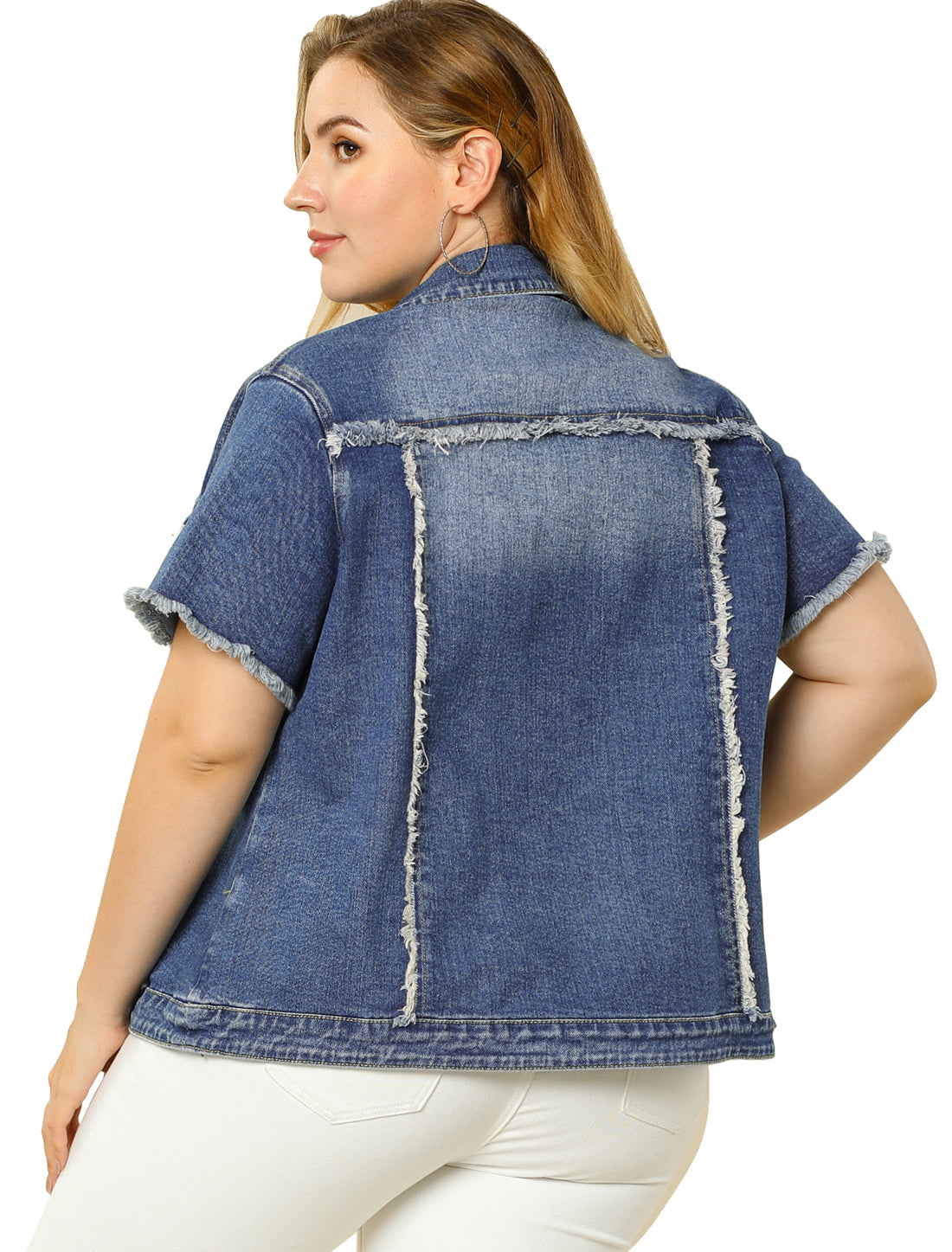 Women's Plus Size Summer Denim Jackets Button Washed Frayed Jean Short Denim Jacket