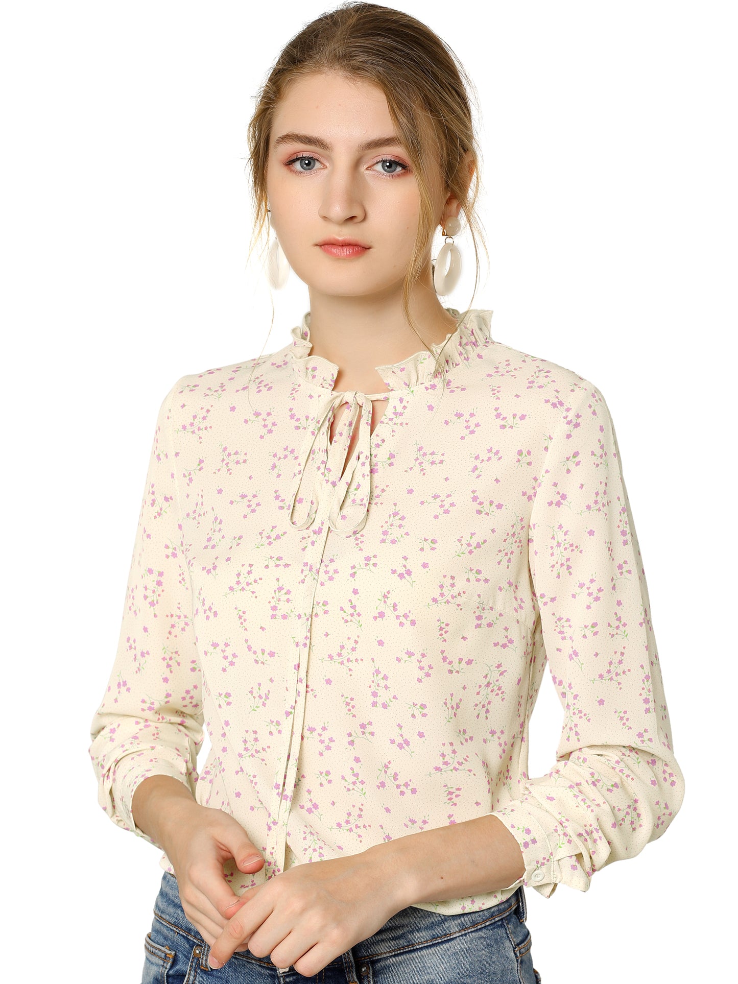 Women's Ruffled Tie Neck Long Sleeves Floral Polka Dots Blouse Top