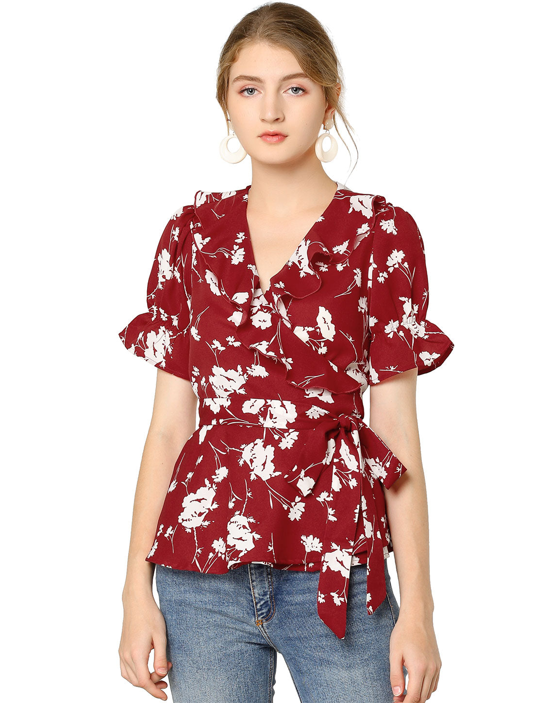 Blusa cruzada floral para mujer, manga corta, cuello en V con volantes y cinturón, peplum (disponible en tallas grandes)