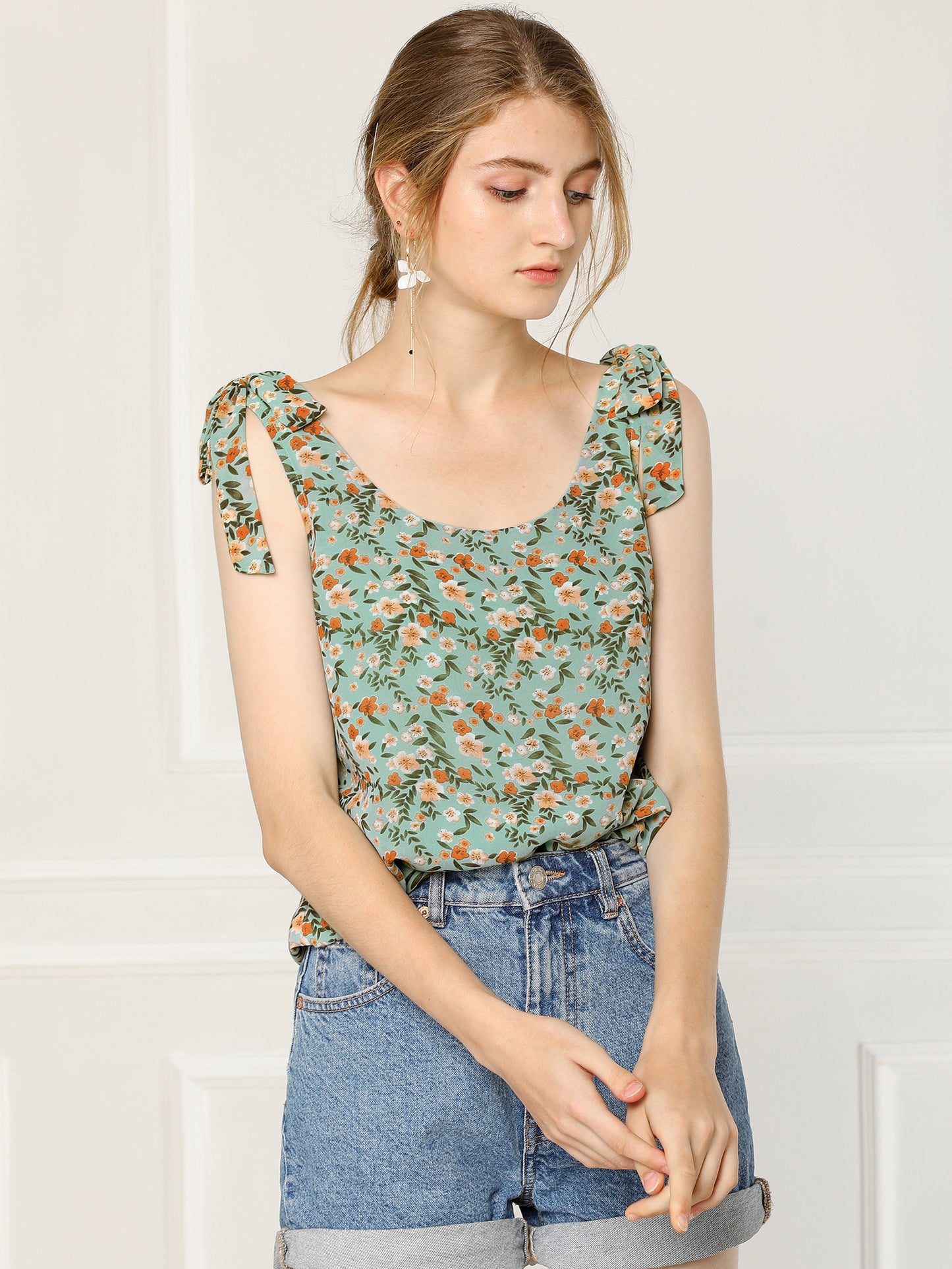 Women's Chiffon Floral Sleeveless Bow Tie Straps Boho Peasant Casual Vest Tank Top