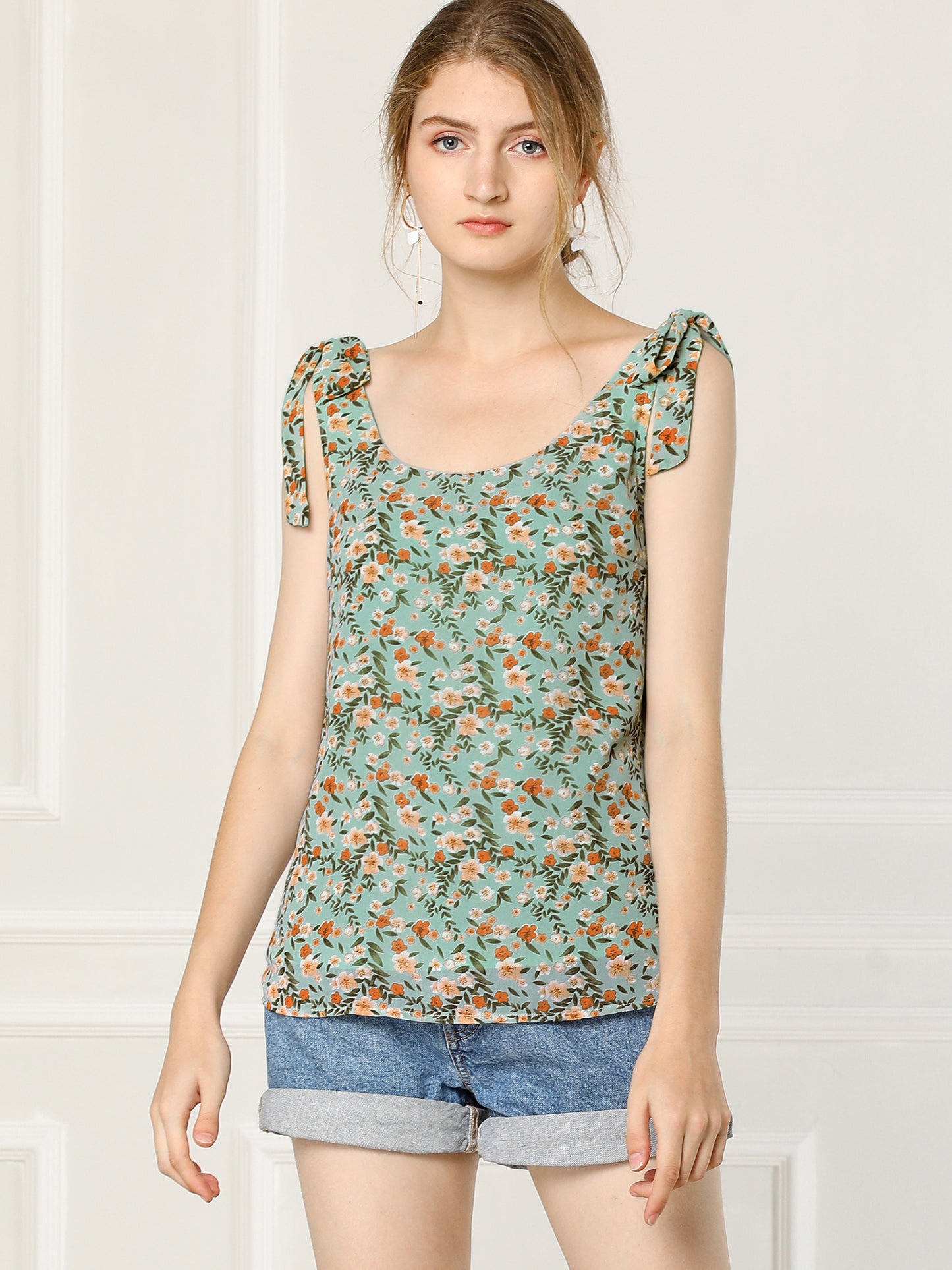 Women's Chiffon Floral Sleeveless Bow Tie Straps Boho Peasant Casual Vest Tank Top