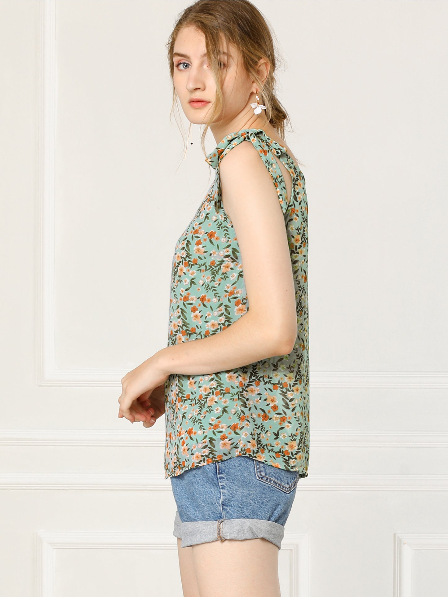 Women's Chiffon Floral Sleeveless Bow Tie Straps Boho Peasant Casual Vest Tank Top