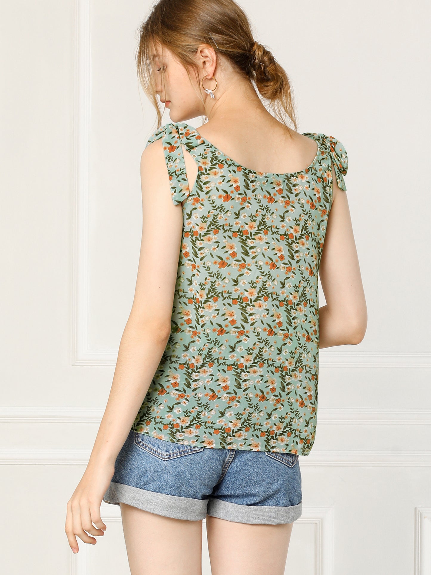 Women's Chiffon Floral Sleeveless Bow Tie Straps Boho Peasant Casual Vest Tank Top