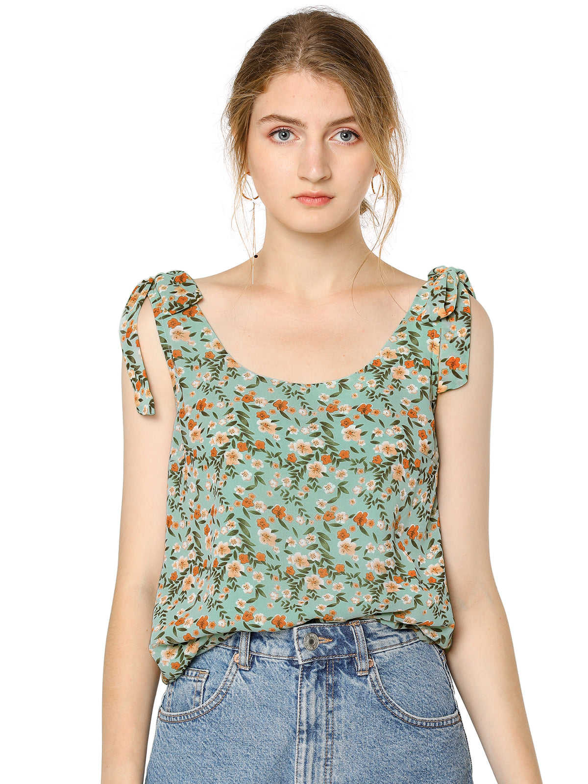 Women's Chiffon Floral Sleeveless Bow Tie Straps Boho Peasant Casual Vest Tank Top