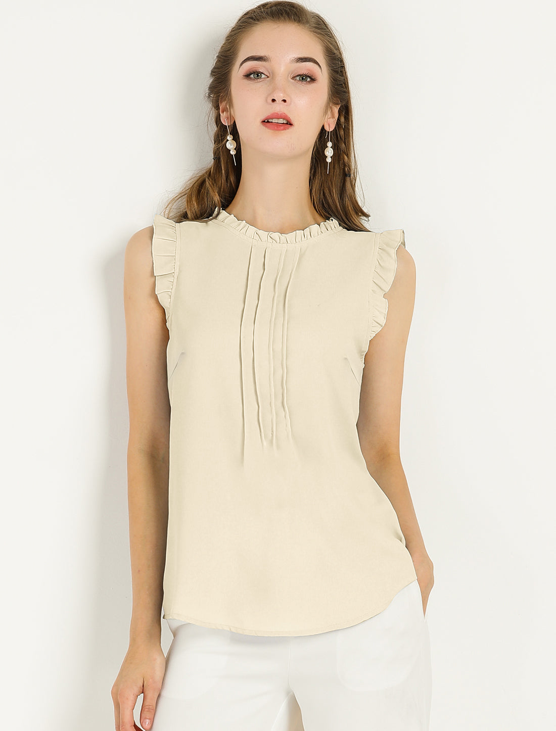 Women's Business Casual Sleeveless Ruffle Blouse Top