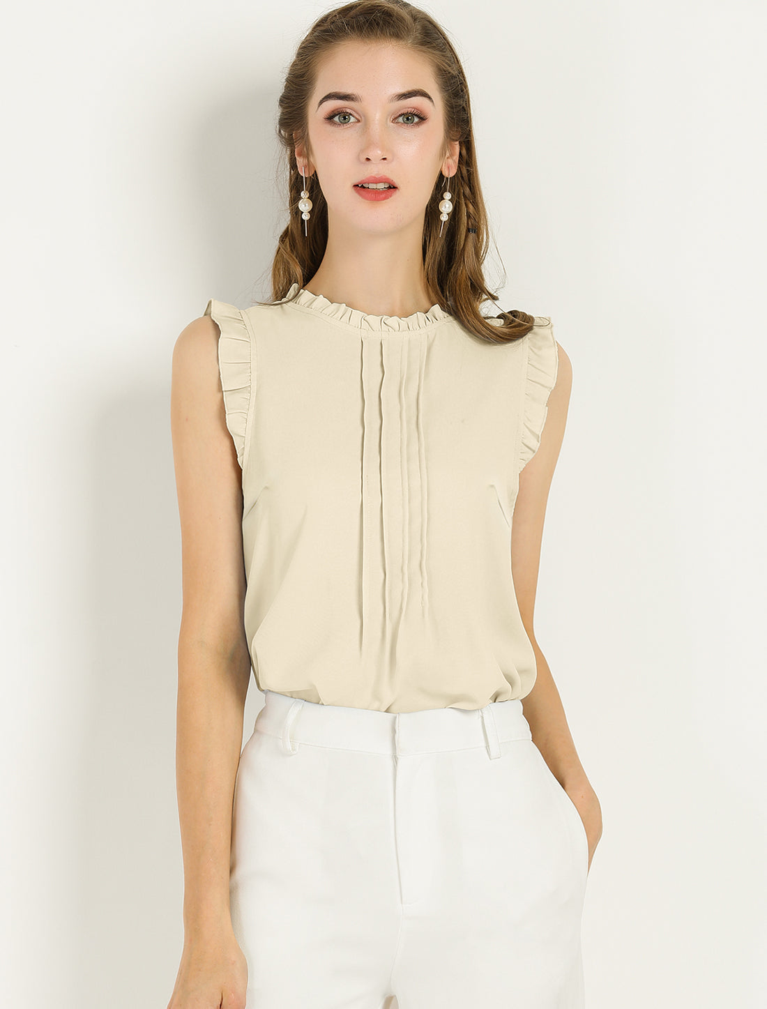 Women's Business Casual Sleeveless Ruffle Blouse Top