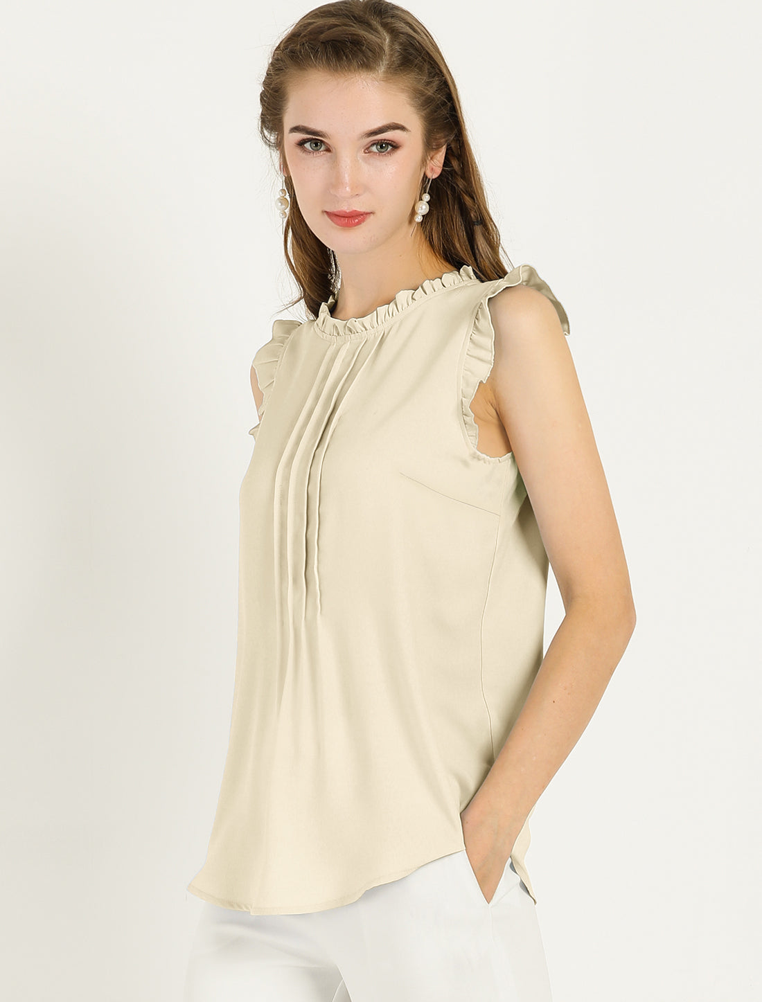Women's Business Casual Sleeveless Ruffle Blouse Top