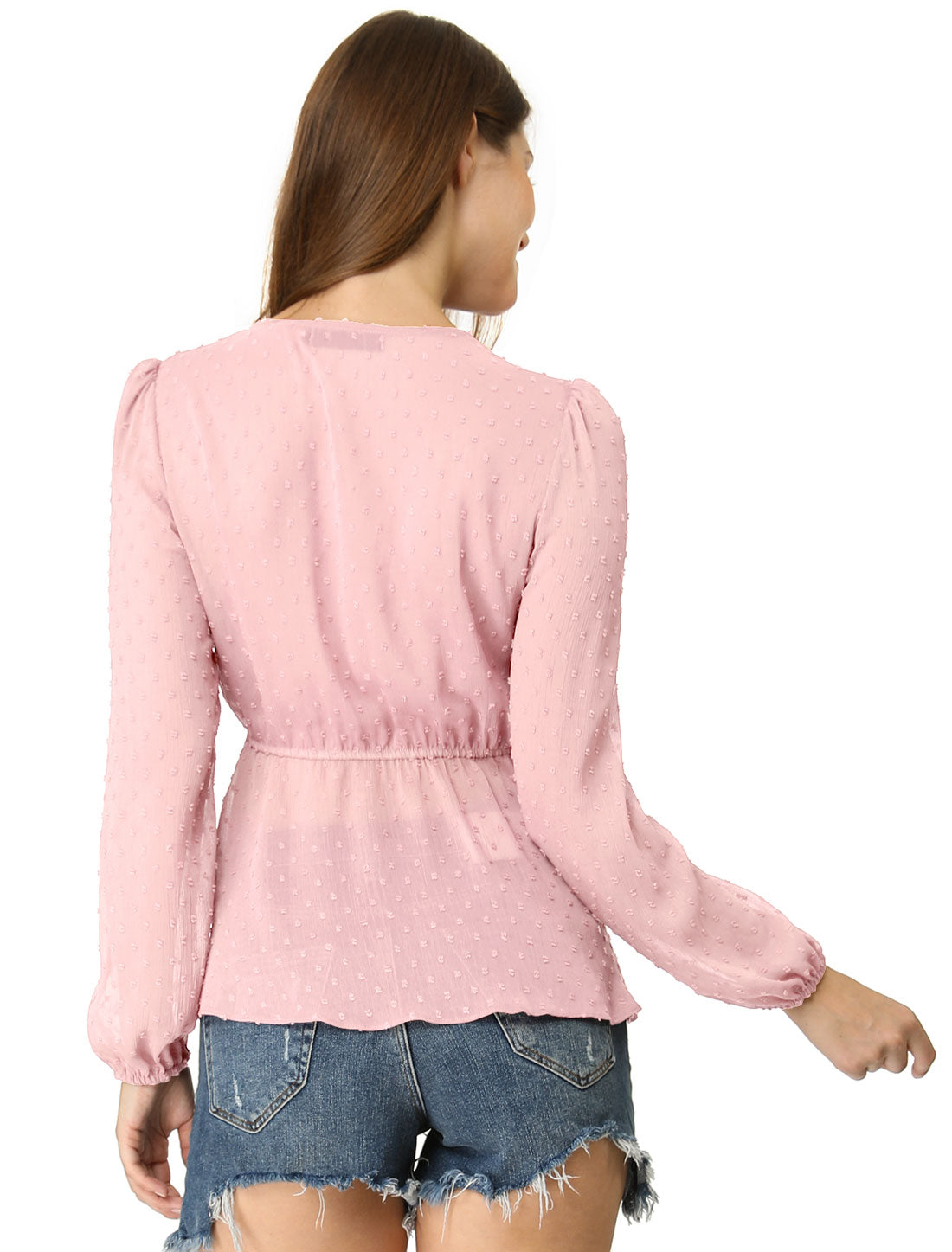 Women's Deep V Neck Chiffon Top Swiss Dots Ruffle Hem Long Sleeve Peplum Top