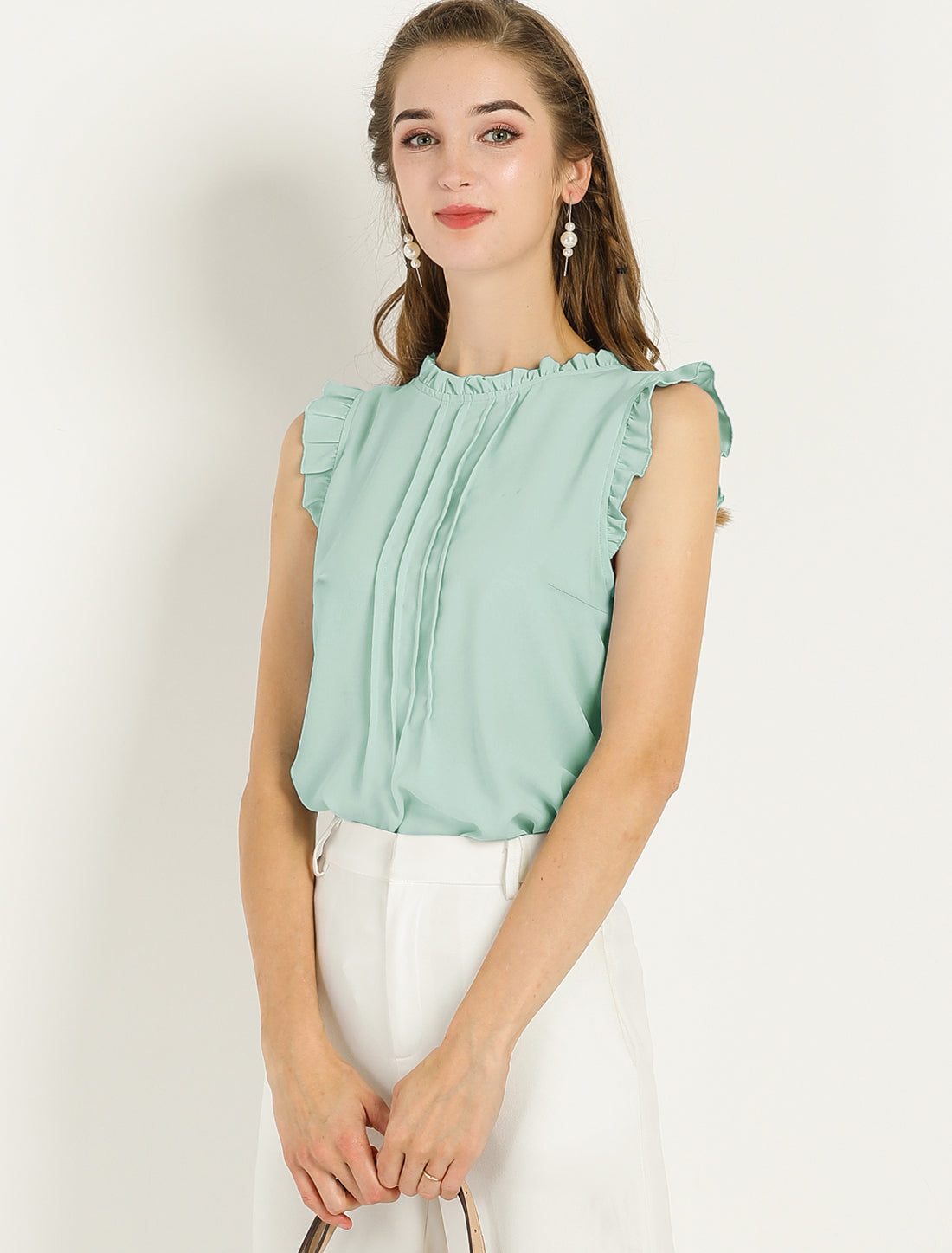 Blusa informal de negocios sin mangas con volantes para mujer
