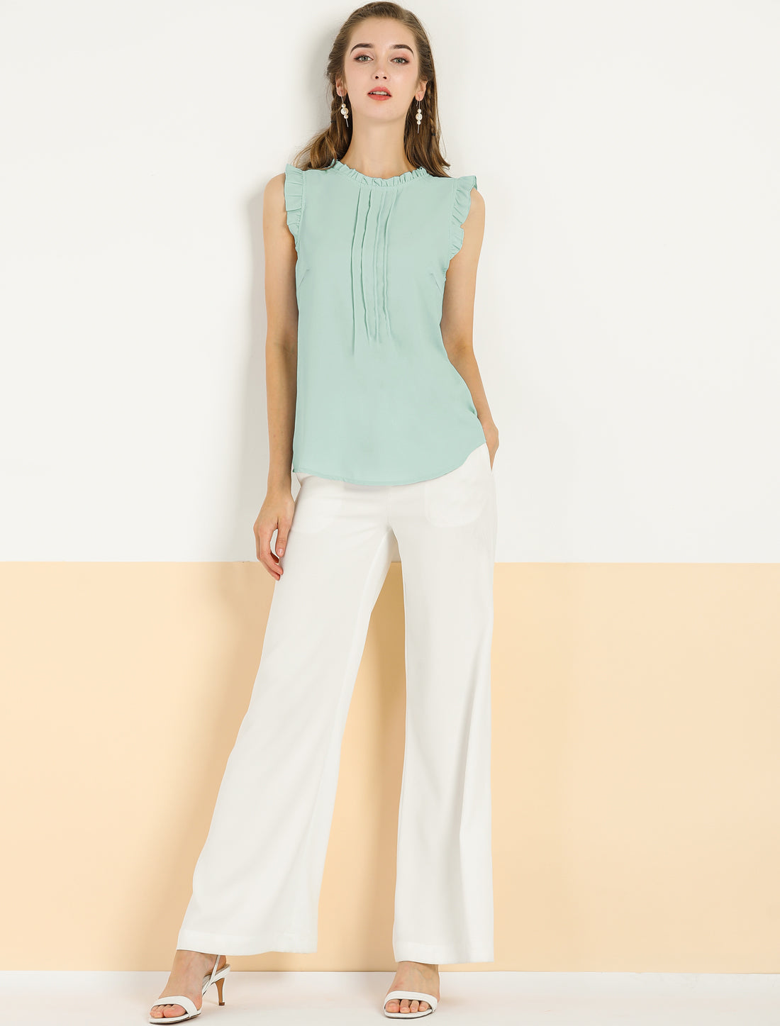 Blusa informal de negocios sin mangas con volantes para mujer