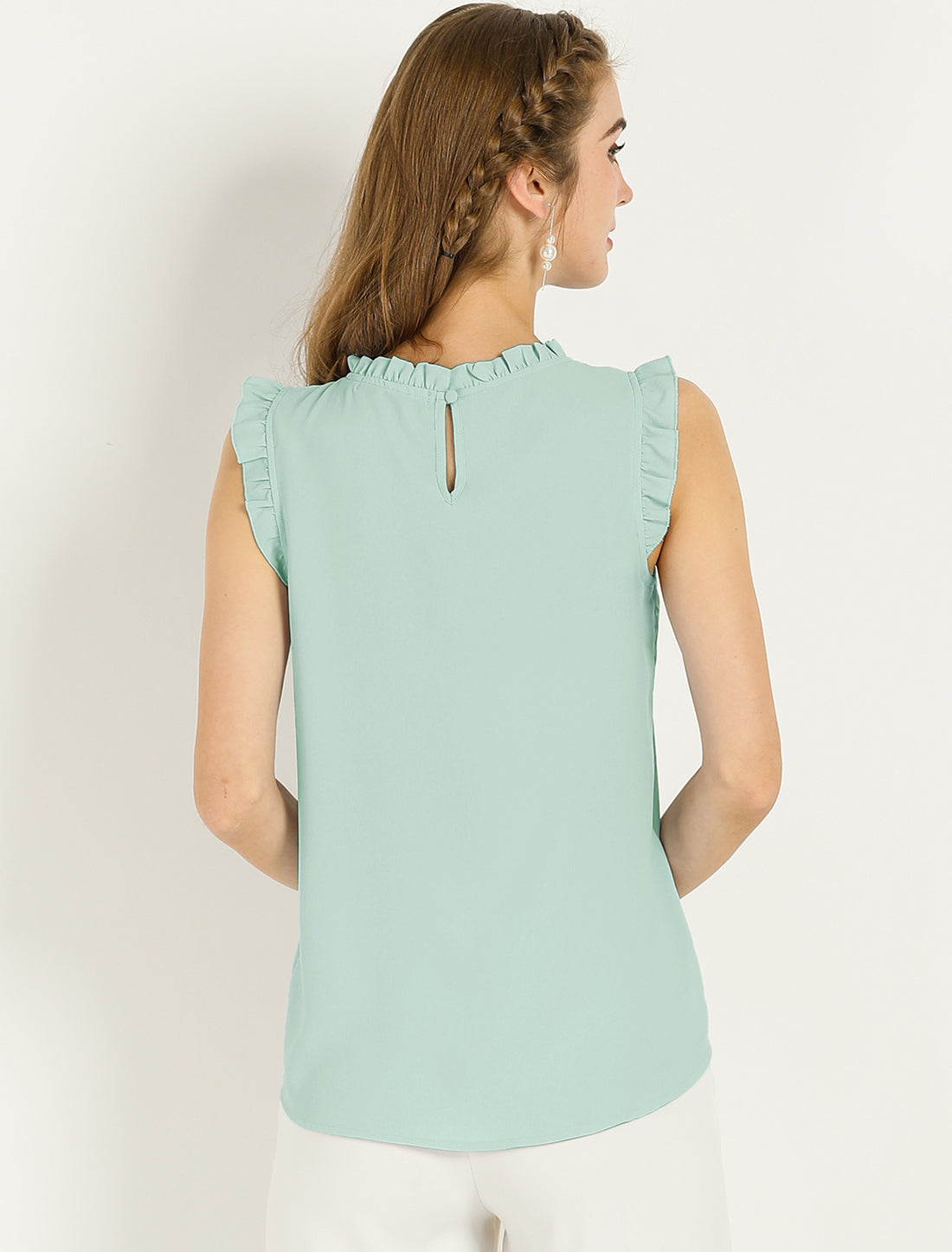 Blusa informal de negocios sin mangas con volantes para mujer