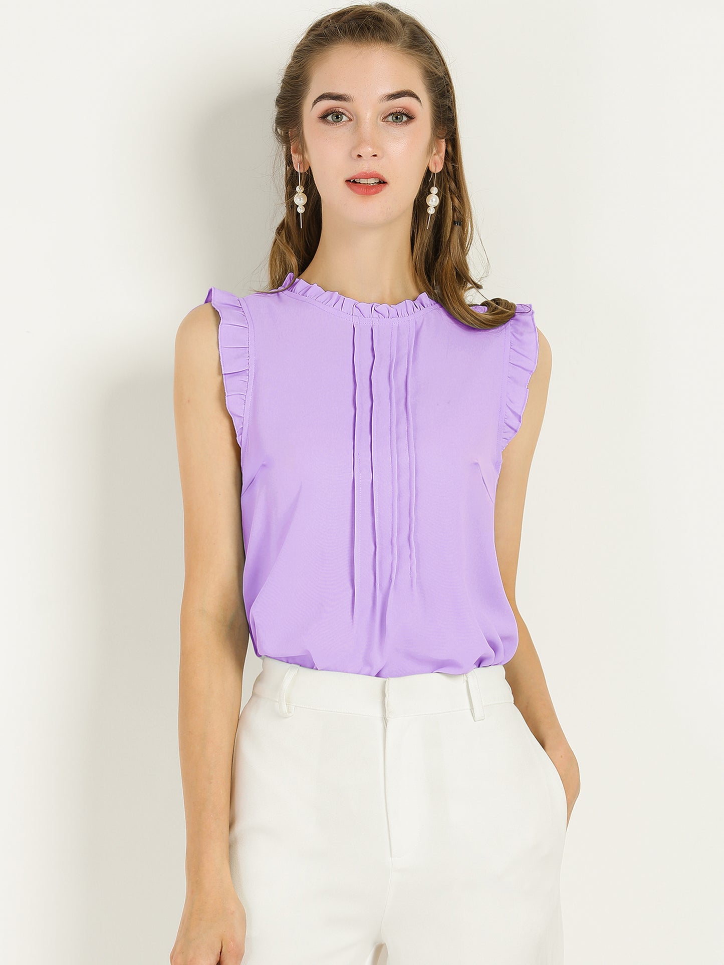 Women's Business Casual Sleeveless Ruffle Blouse Top