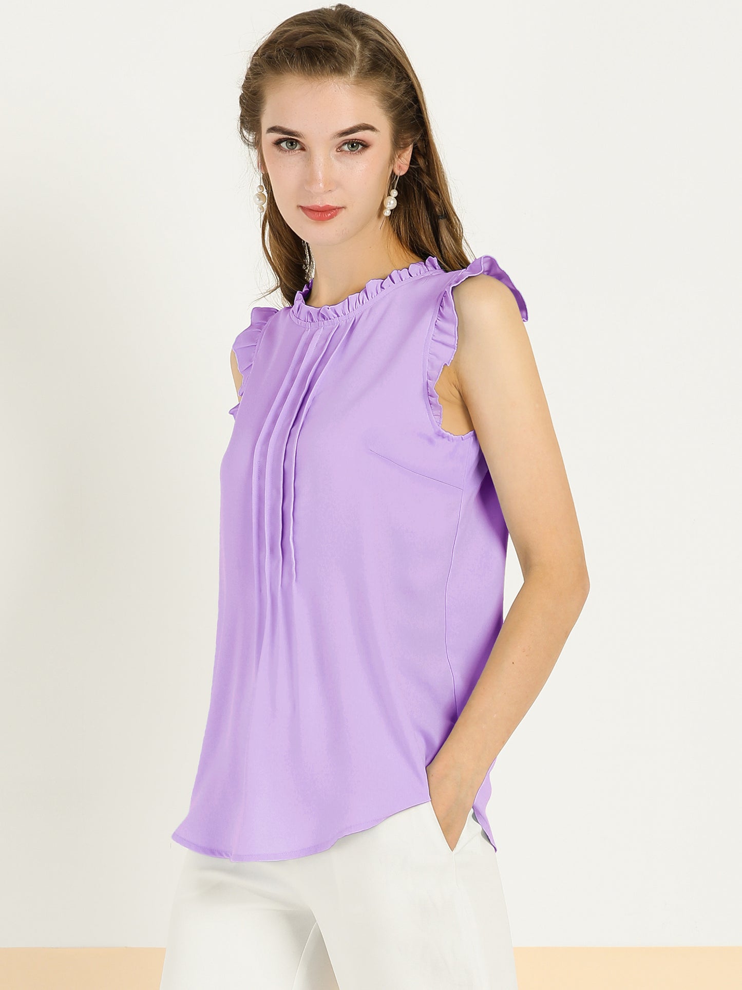 Women's Business Casual Sleeveless Ruffle Blouse Top