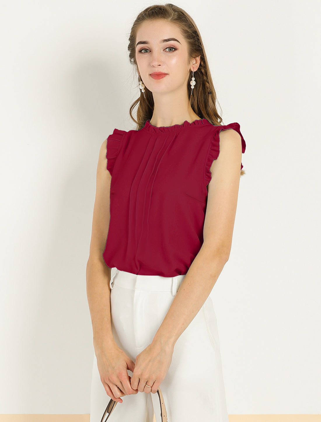 Women's Business Casual Sleeveless Ruffle Blouse Top