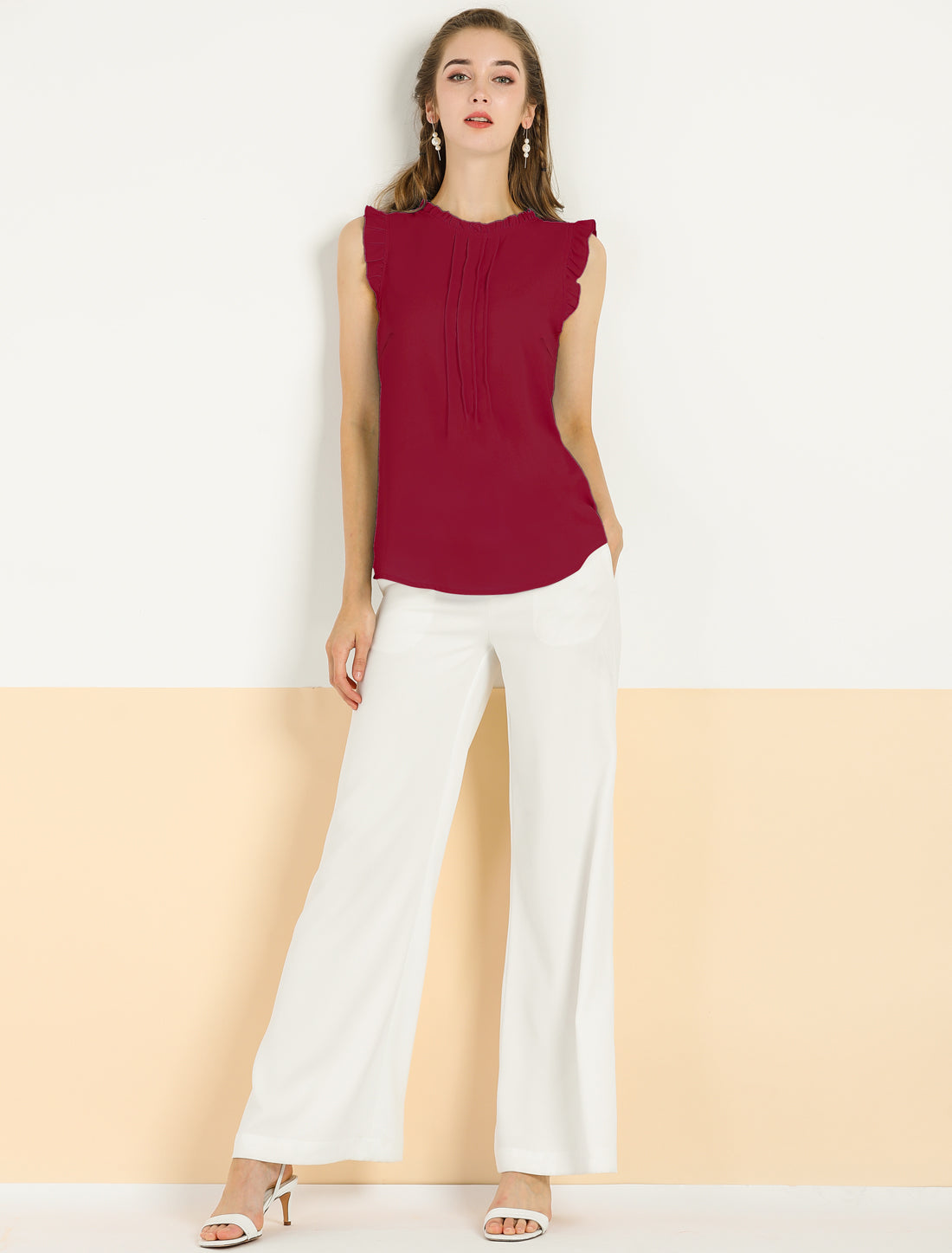 Women's Business Casual Sleeveless Ruffle Blouse Top