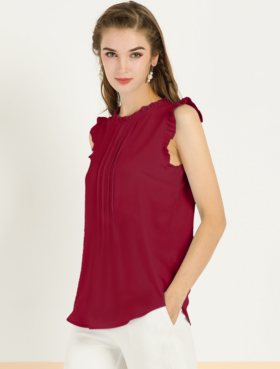 Women's Business Casual Sleeveless Ruffle Blouse Top