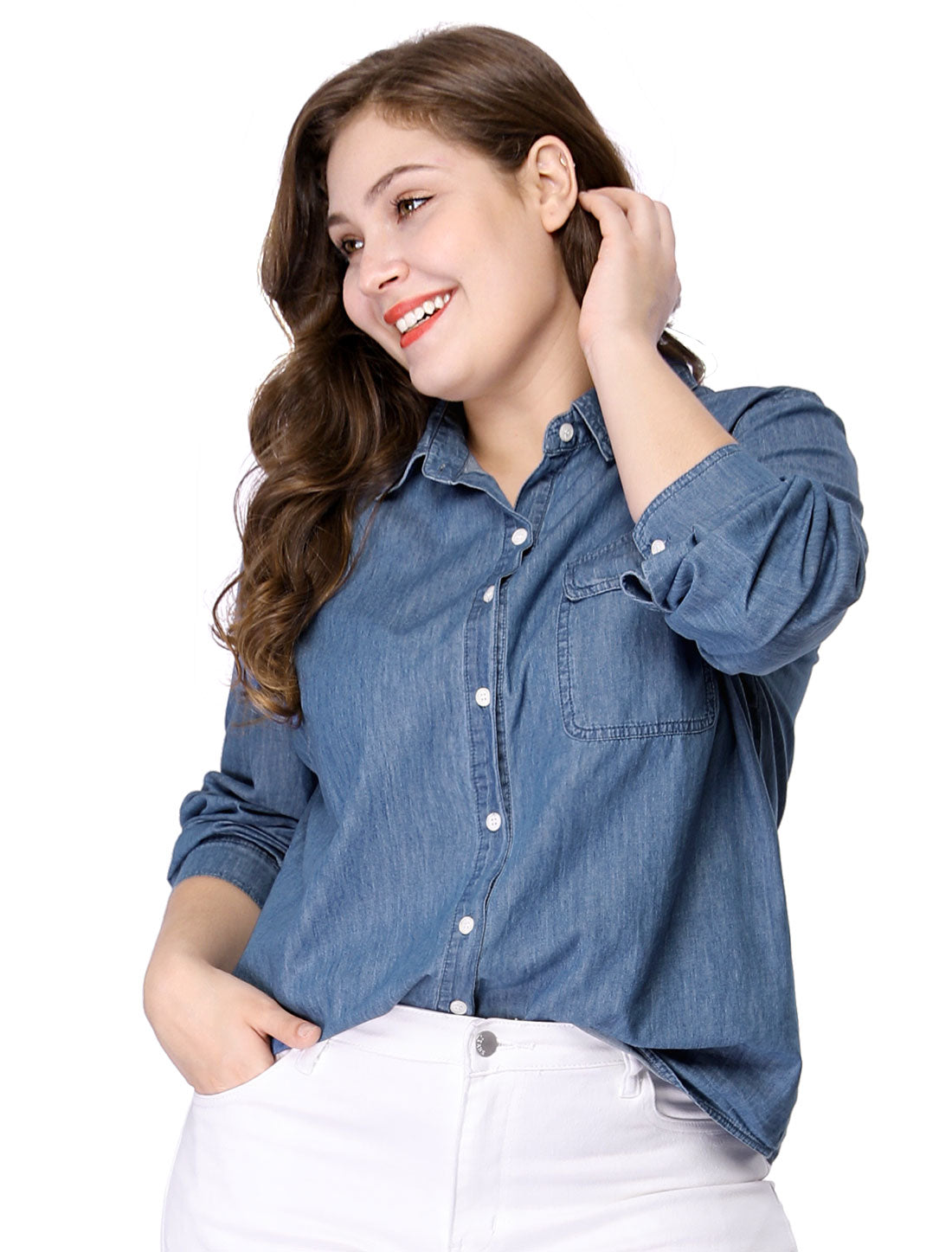 Women's Plus Size Button Down Long Sleeve Chest Pocket Chambray Shirt