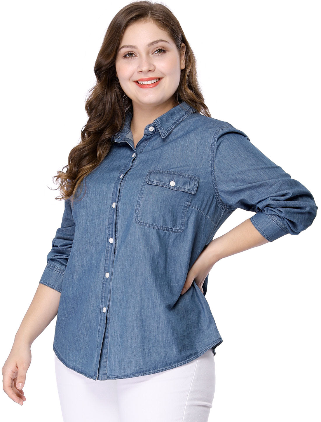 Women's Plus Size Button Down Long Sleeve Chest Pocket Chambray Shirt