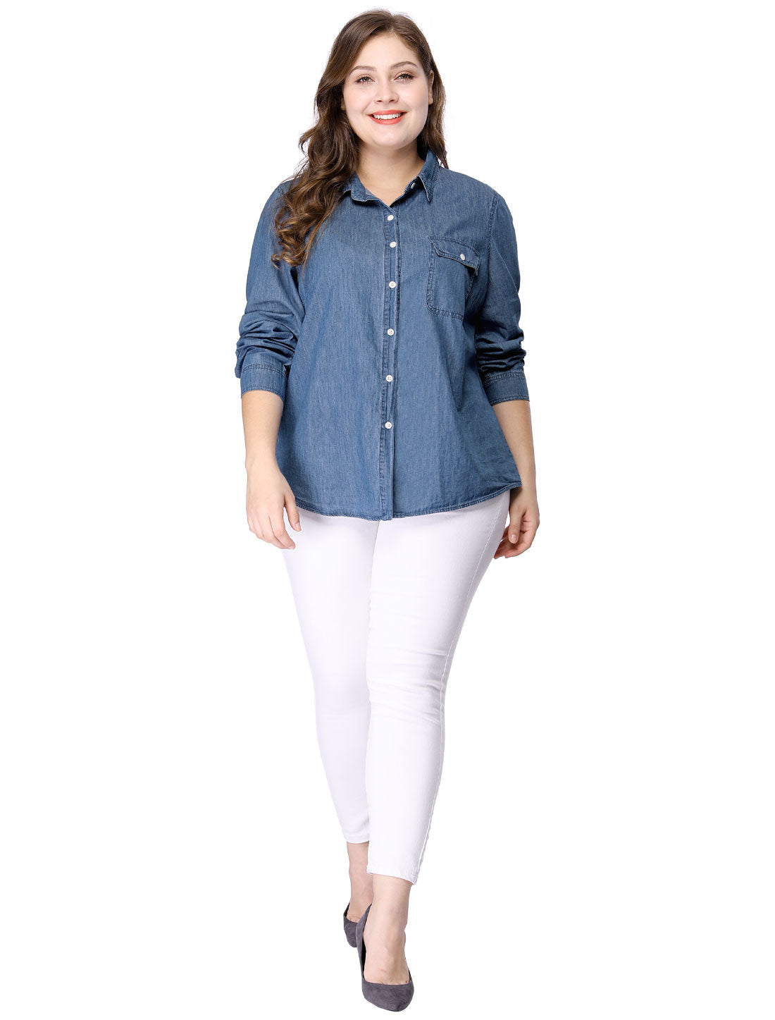 Women's Plus Size Button Down Long Sleeve Chest Pocket Chambray Shirt