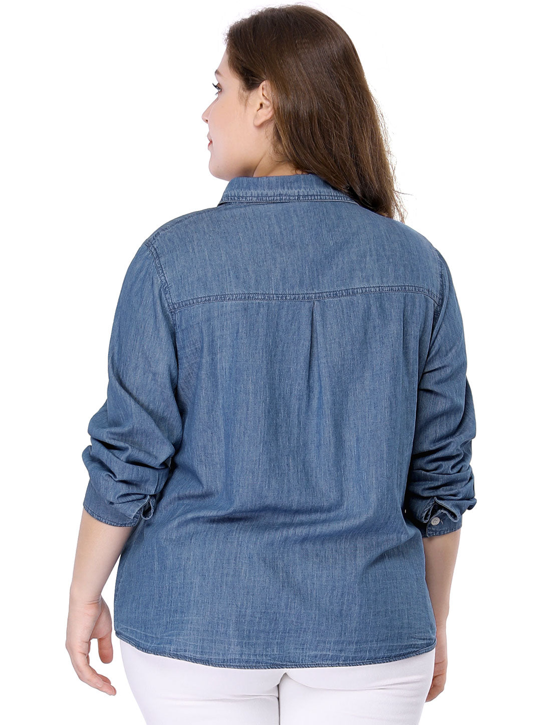 Women's Plus Size Button Down Long Sleeve Chest Pocket Chambray Shirt