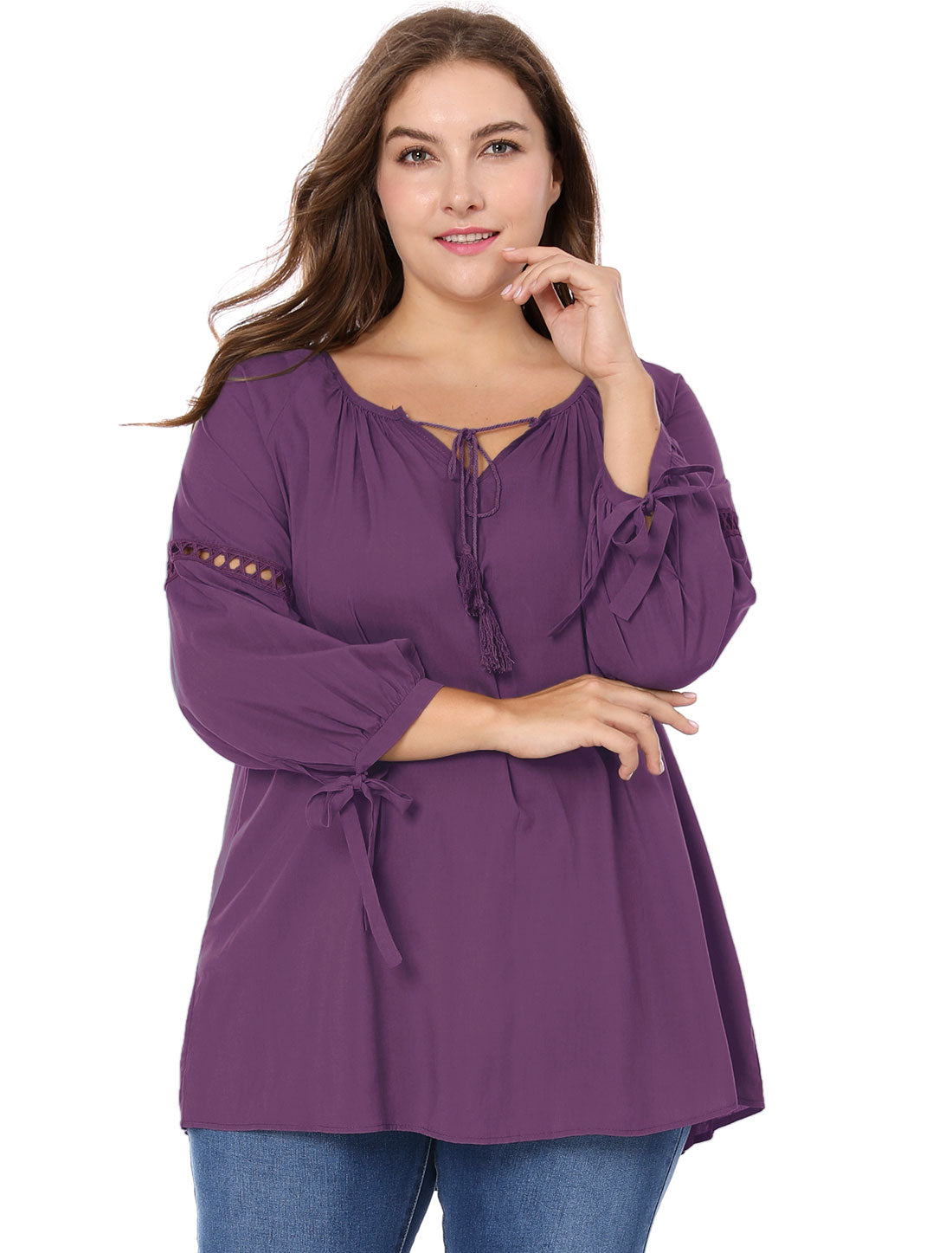 Women's Plus Size Raglan Sleeves Hollow Out Tie Neck Tunic Peasant Top