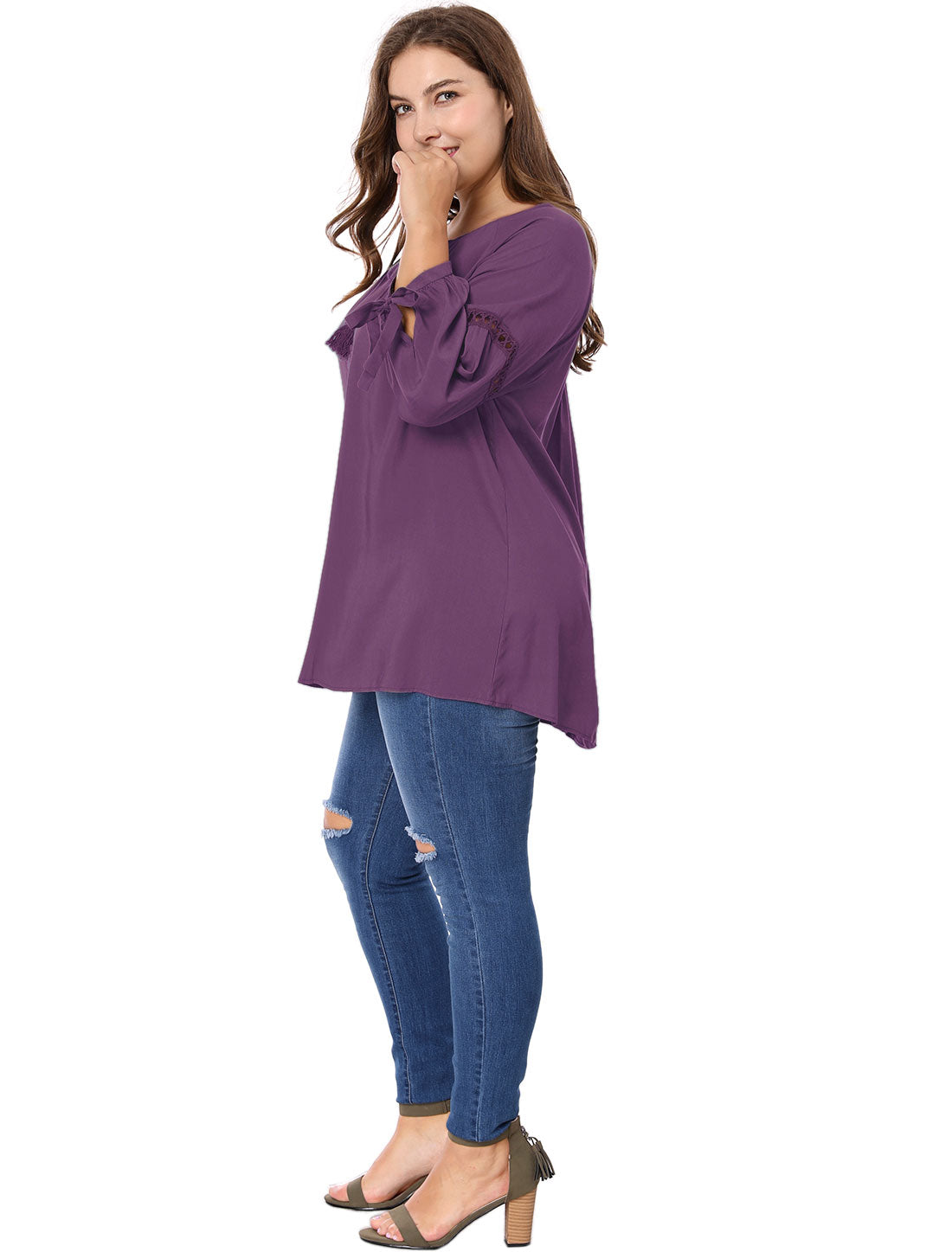 Women's Plus Size Raglan Sleeves Hollow Out Tie Neck Tunic Peasant Top