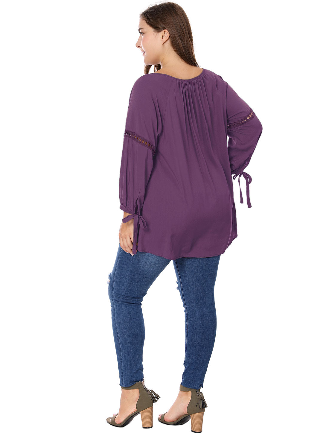 Women's Plus Size Raglan Sleeves Hollow Out Tie Neck Tunic Peasant Top